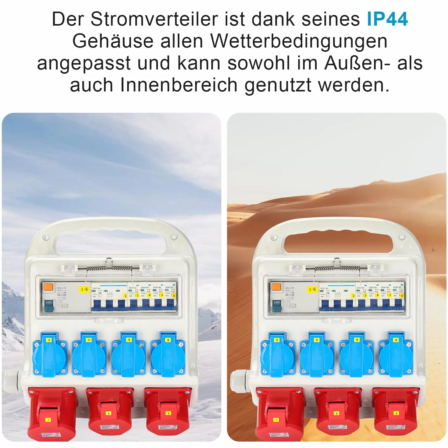 Fiqops Distributore di corrente da costruzione 32a, distributore di corrente 4 x 230 V, 2 x 16 A, 1 x 32 A, 400 V, CEE a 5 poli, con interruttore FI/LS, IP44 con coperchi di sicurezza e tubo,