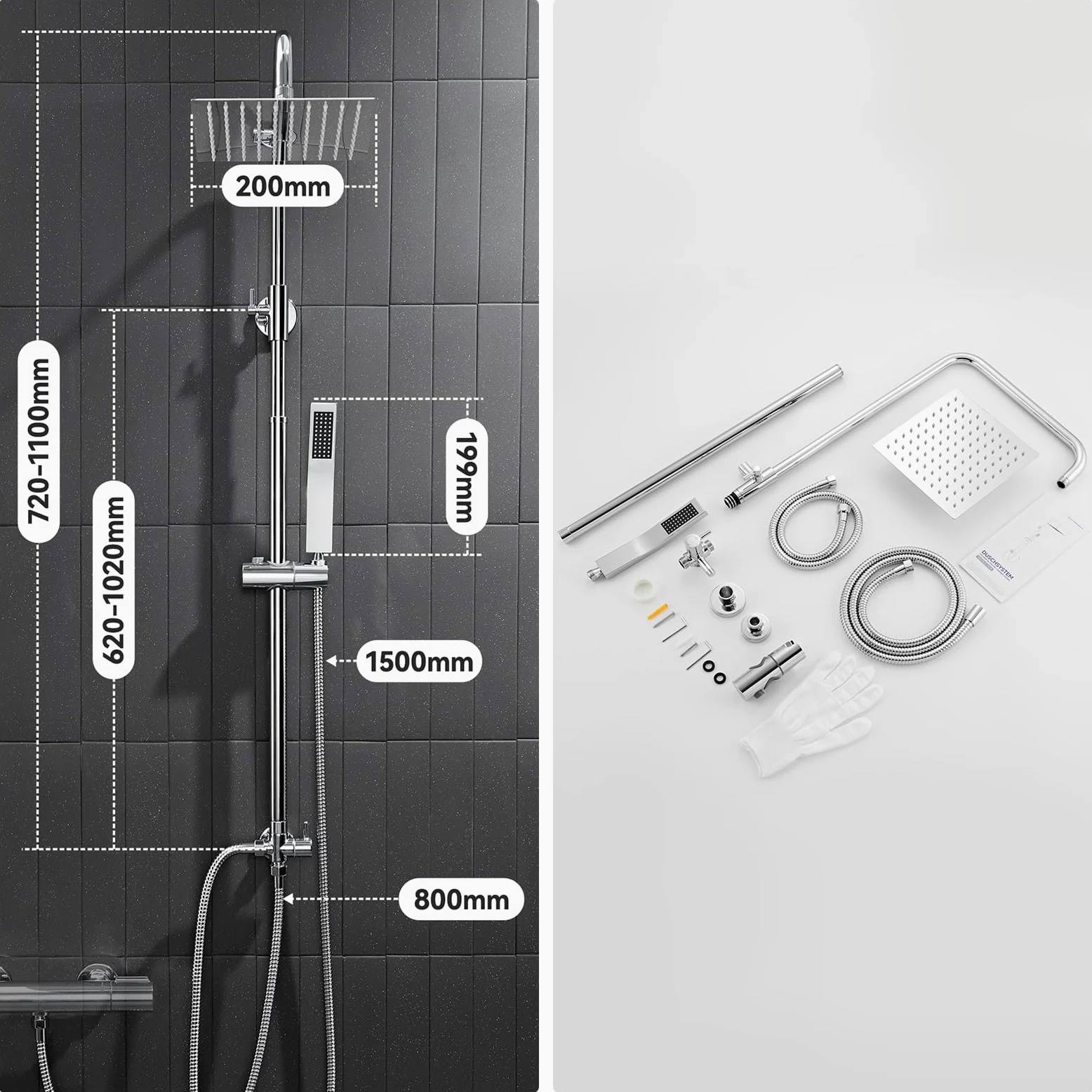 Auralum Colonna Doccia senza Miscelatore, Colonna Doccia Acciaio Inox con Saliscendi Doccia Altezza Regolabile 72-110cm, Asta Doccia con Soffione e Doccetta, Ideal Standard Gruppo Doccia per Vasca