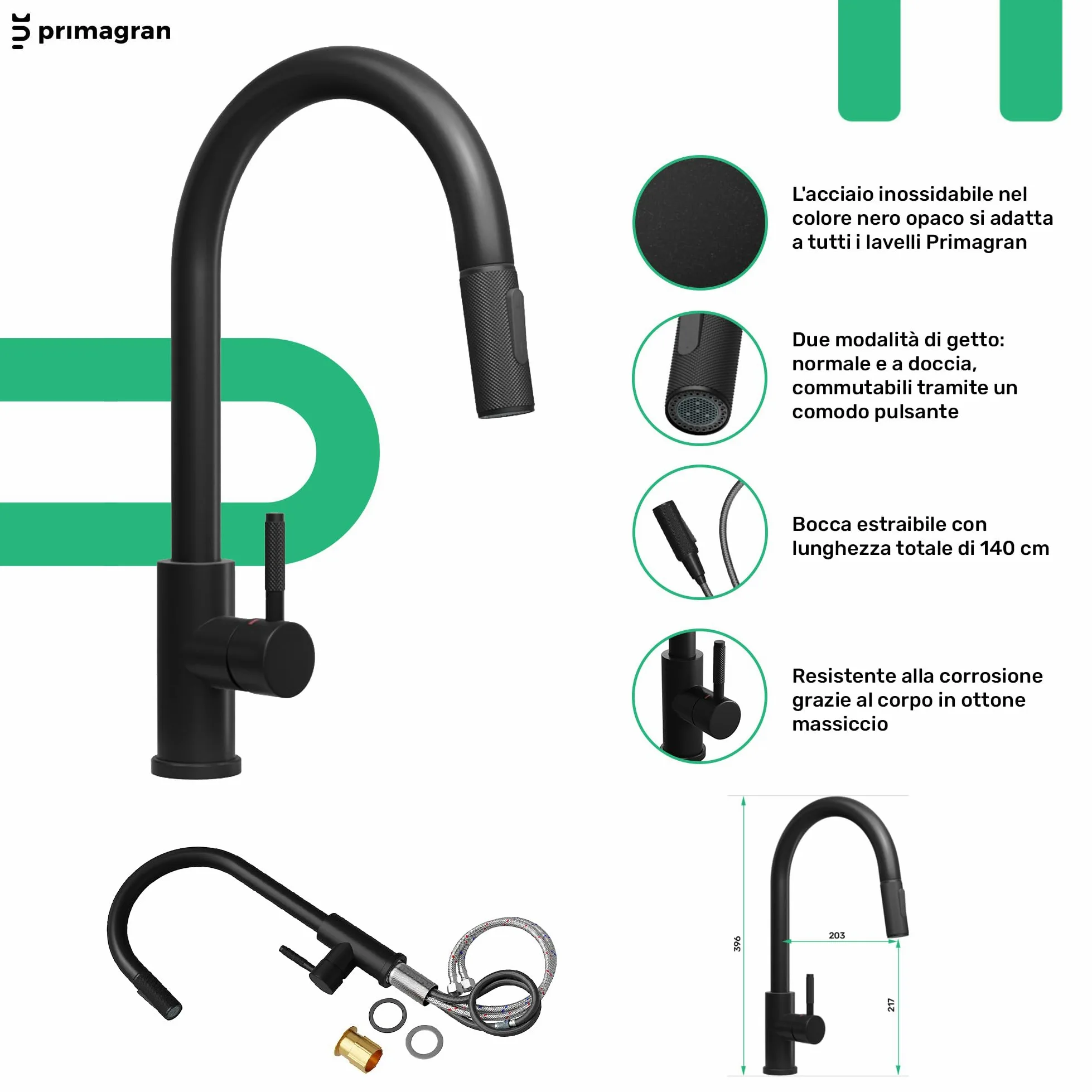 PRIMAGRAN Lavandino da Cucina Tutto Nero 78x50cm, Lavello in Granito a 1 vasca + Rubinetto 40x20cm + Set di accessori, Lavabo da Cucina Incasso al Mobile 80cm - Riga S483
