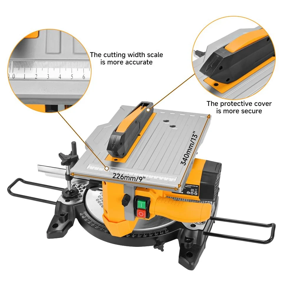 Hoteche Sega da tavolo multifunzione da 210 mm, 1200 W, 4500 giri/min, motore in rame, sega circolare da tavolo con lama per sega TCT 210 x 30 mm 24T per tagli precisi 0° 45° con accessori e barre di