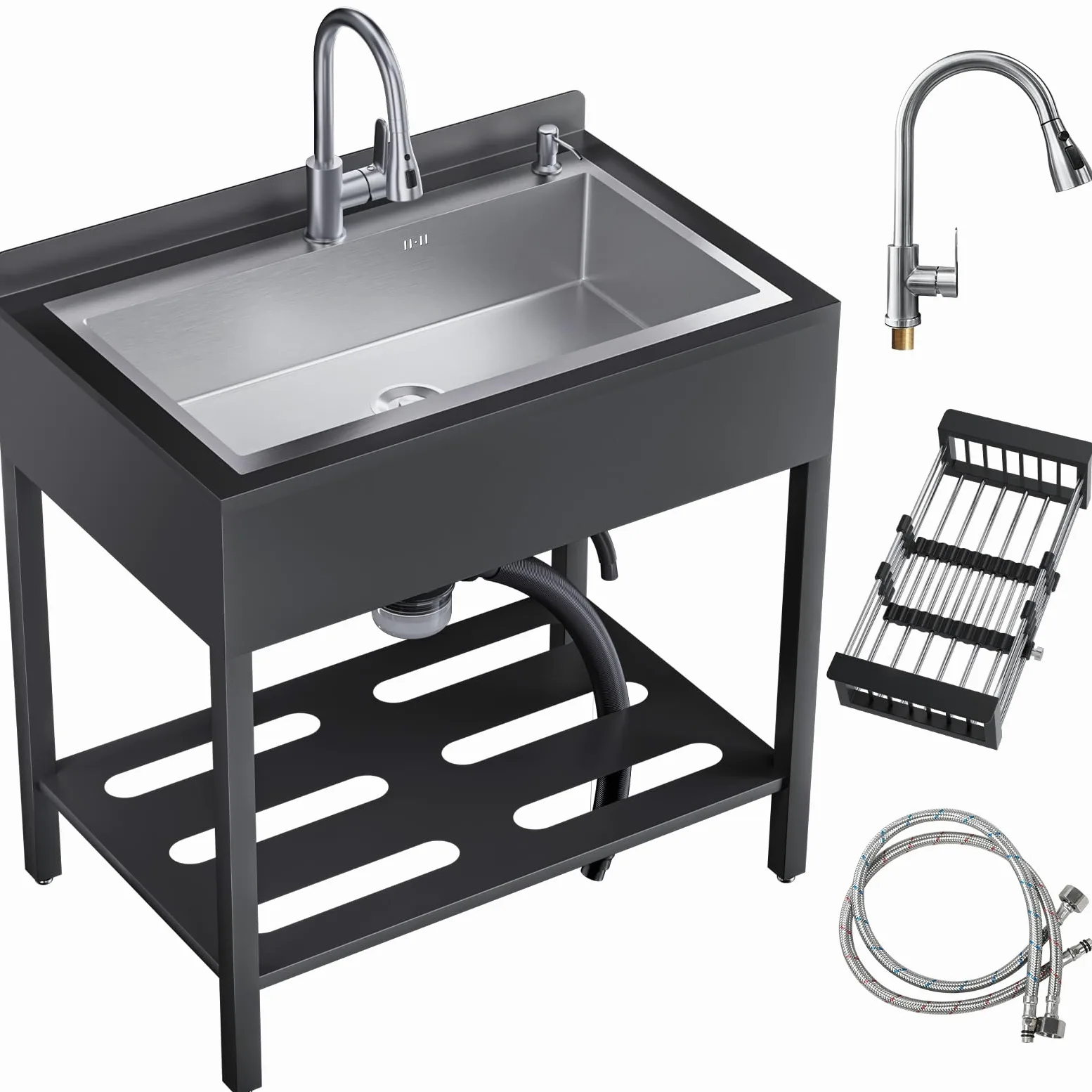 Lavandino autoportante in acciaio inox per esterni, lavello da cucina con scolapiatti e rubinetto estraibile e tubi dell'acqua calda e fredda, Kitchen Sink lavandino a mano per cucina, garage