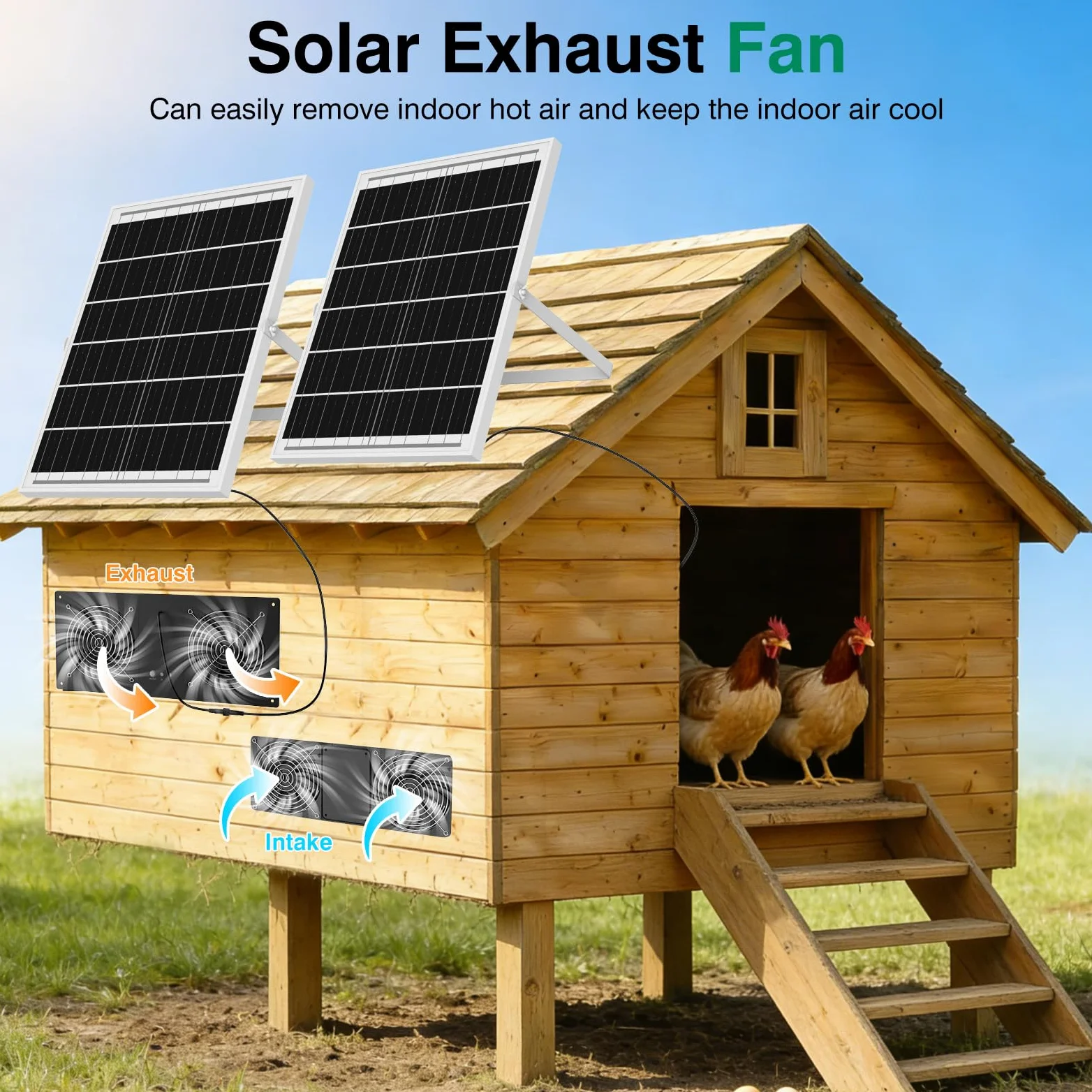 Ventilatore ad energia solare con batteria da 18000 mAh e timer, ventola di scarico solare ad alta velocità da 40 W, 3500 giri/min, ventilazione impermeabile a basso rumore per pollaio, serra