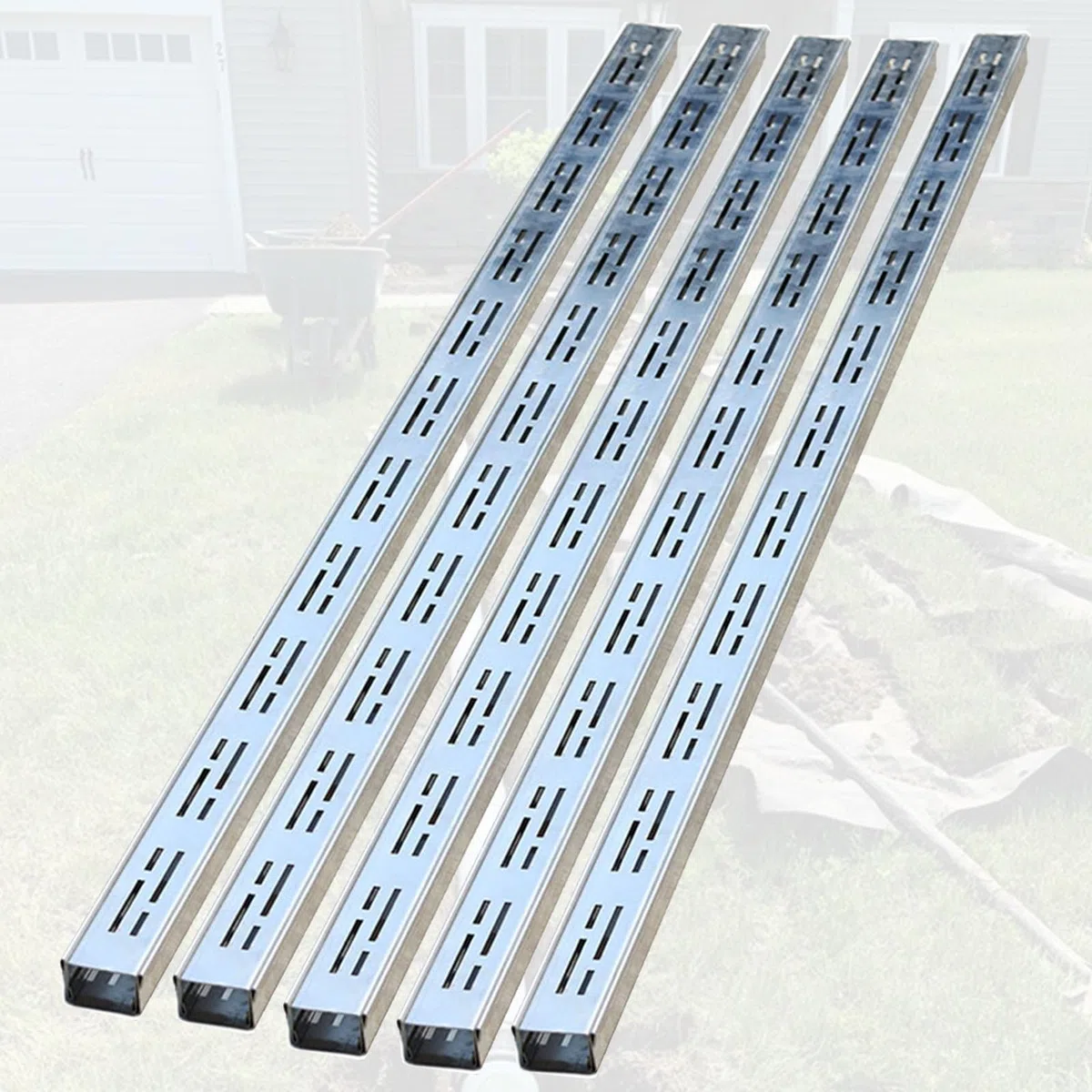 Kit di canali di drenaggio stretti, 1 m, 5 soluzioni di drenaggio per esterni a basso profilo, per la gestione delle acque piovane, balcone e giardino, argento (10 x 4 cm), ideale per 2-12 opzioni