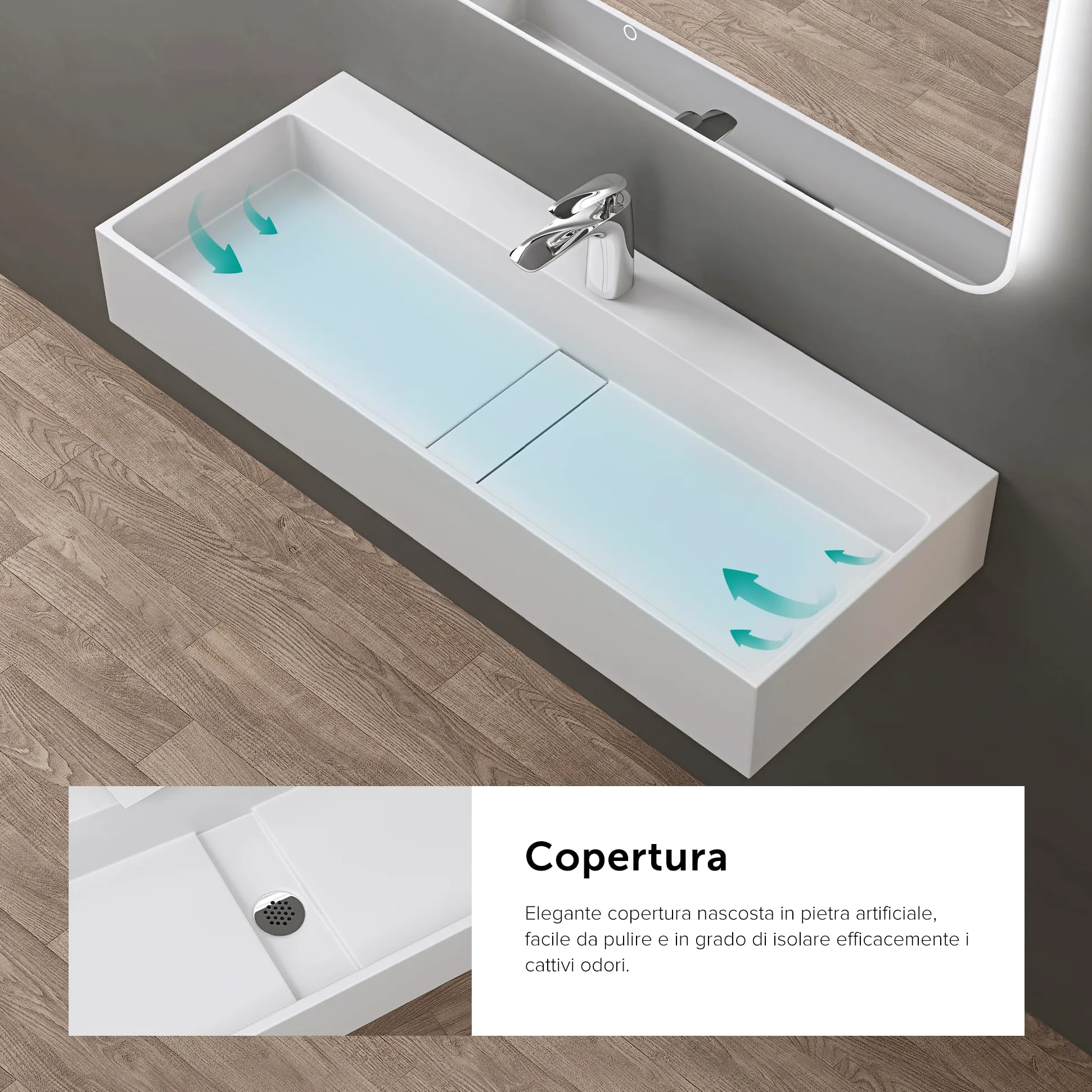 doporro Lavabo Bagno Sospeso Rettangolare Lavabo da Appoggio con Foro Rubinetto 80 x 40 x 14 cm Bianco Opaco Lavandino in Resina Minerale Ideale per Casa Ristorante e Hotel Design Colossum6028