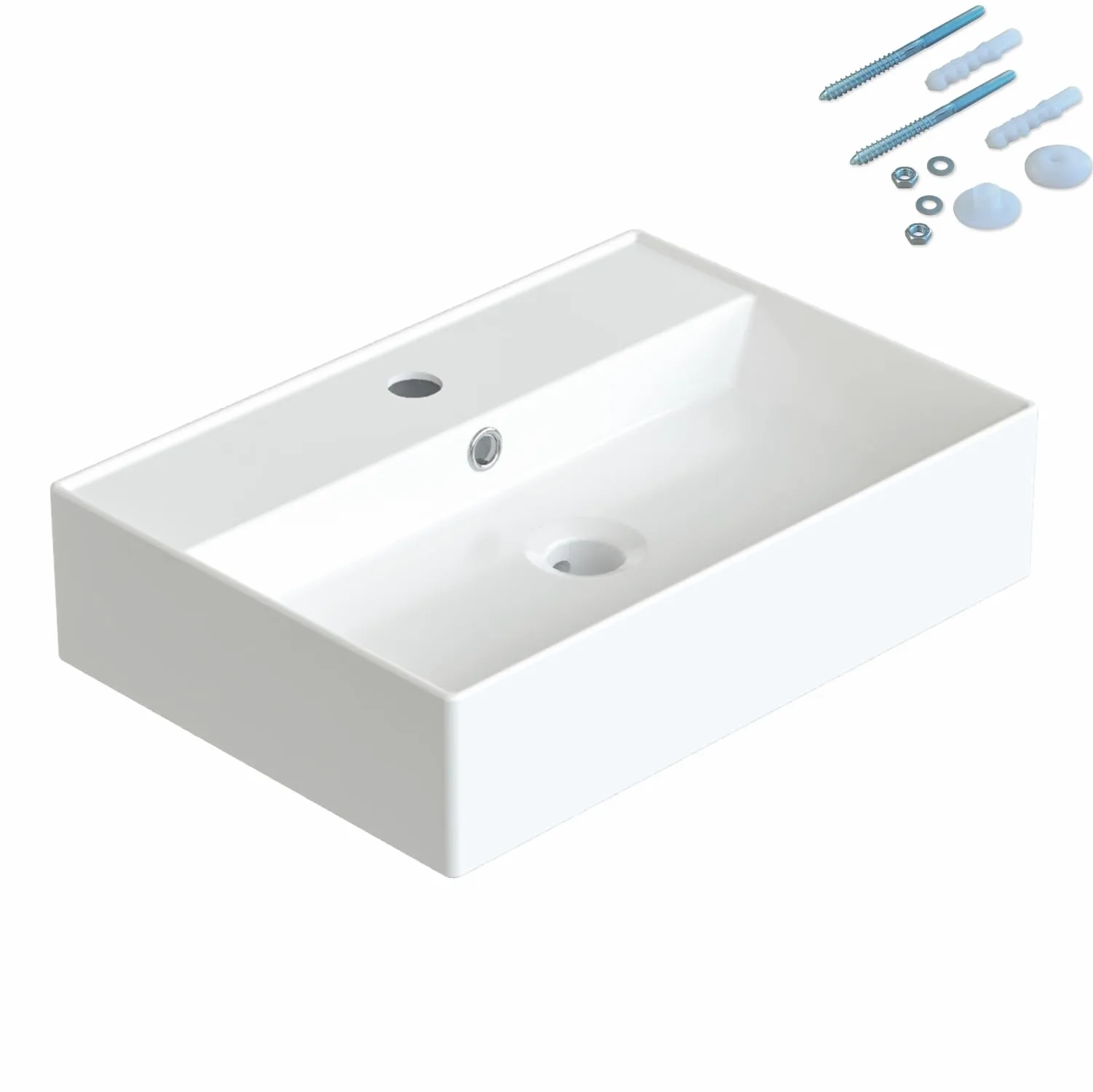 Lavabi in ceramica angolare 50 x 35 cm, lavabo a incasso per mobile da bagno, lavabo per bagno degli ospiti, sospeso, lavabo a parete, bianco, con foro per rubinetto, troppopieno, viti di fissaggio