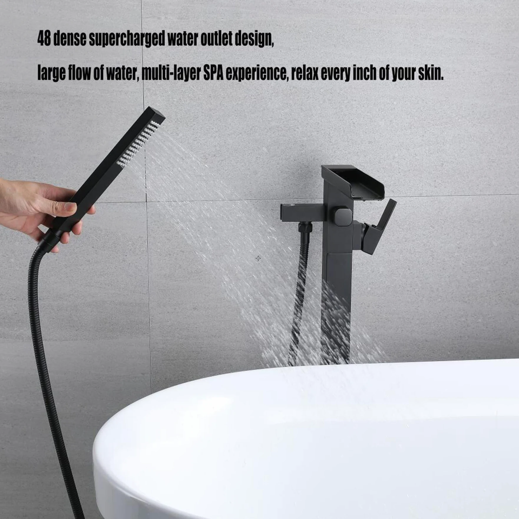 Rubinetto Per Vasca Pavimento In Piedi Da Bagno Con Beccuccio A Cascata E Spruzzatore A Mano,Freestanding Rubinetti Per Vasca, Nero（collegamento interno）