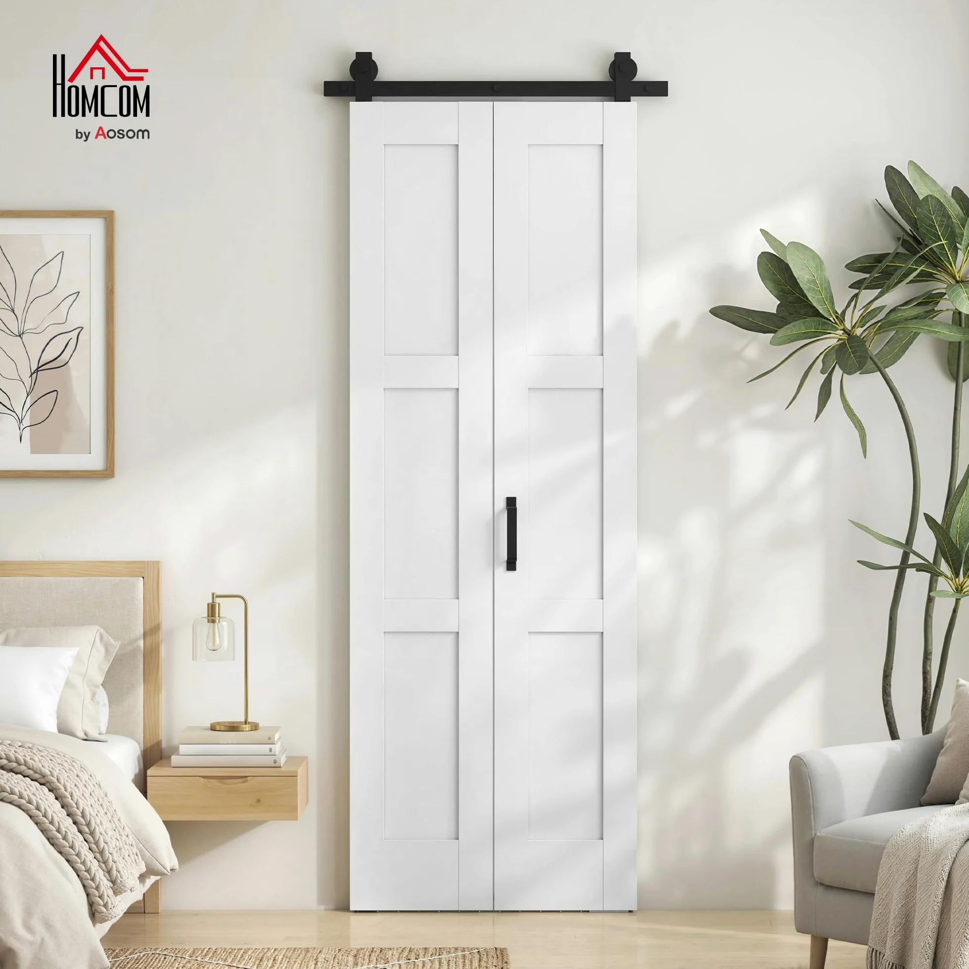 HOMCOM Porta Scorrevole Bi-fold Muro 71.2x213.4cm, Binario Silenzioso Acciaio, Maniglia, Guida, Ruote, Porta da Interno Stile Rustica, in MDF e Legno Pino, Impermeabile, per Cucina, Bagno