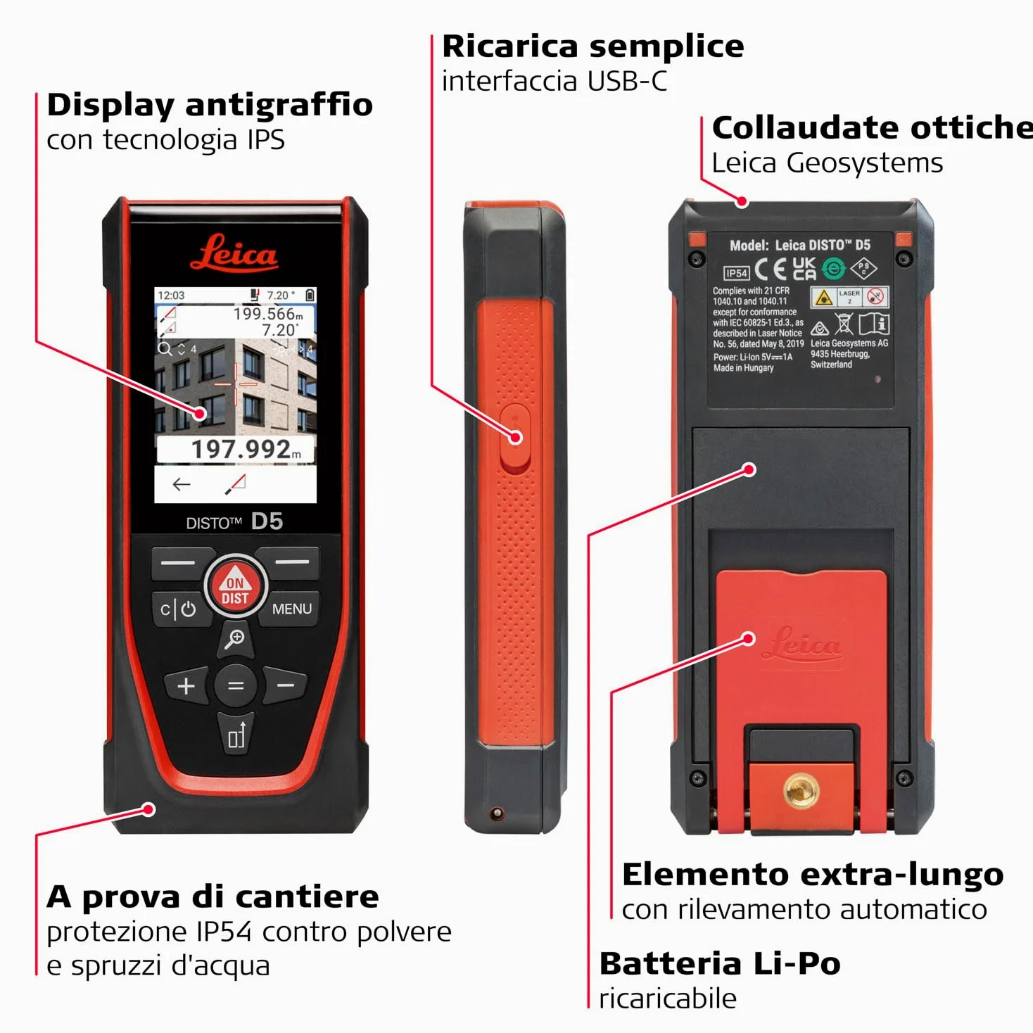 Leica Disto D5, Metro Laser Professionale con Bluetooth, Uso con App, Mirino, Uso Esterno e Interno, e Sensore d'Inclinazione per Tracciamento dell'Altezza, Profilo e Misurazione dell'Angolo