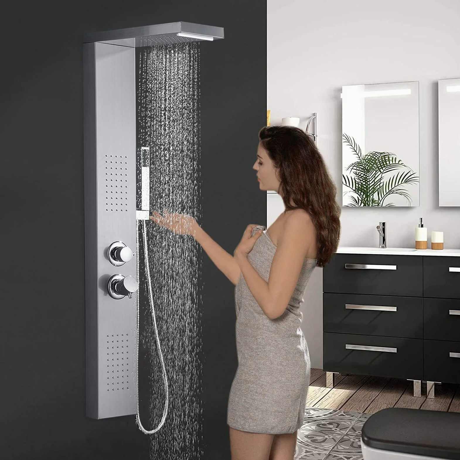 UISEBRT Pannello Doccia Idromassaggio in Acciaio Inox - 4 Funzioni Colonna Doccia Set con per Bagno Inox Sistema Set Doccia con Soffione Fisso,Massaggi,Doccetta e Bocca Vasca (Argento)