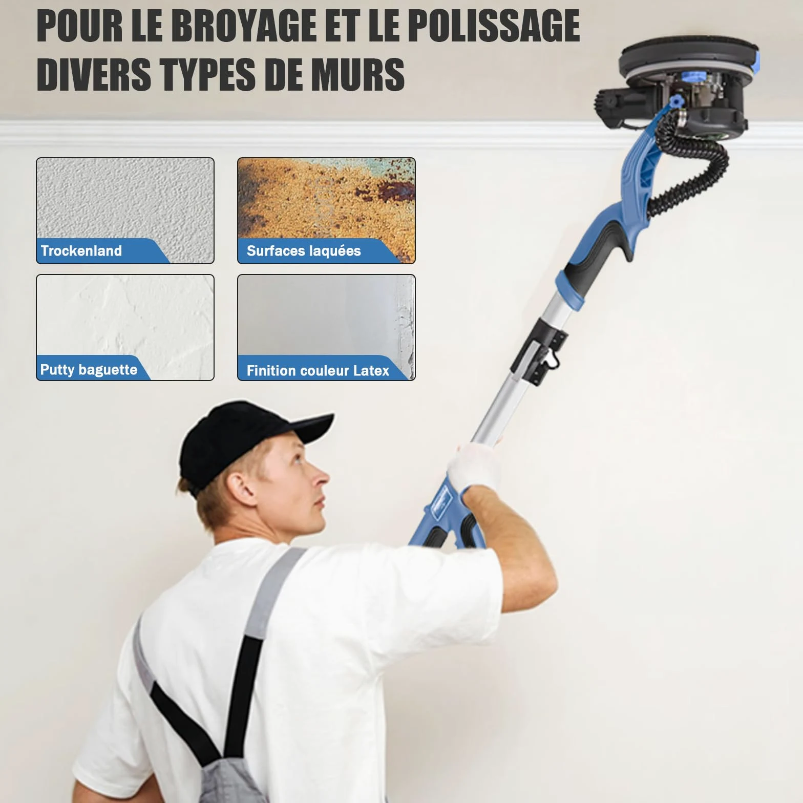 Levigatrice Giraffa 750 W professionale con sistema di vuoto automatico e luce LED, Levigatrice da parete e soffitto telescopico, diametro 215 mm, 7 velocità 900-1800 giri/min (blu)