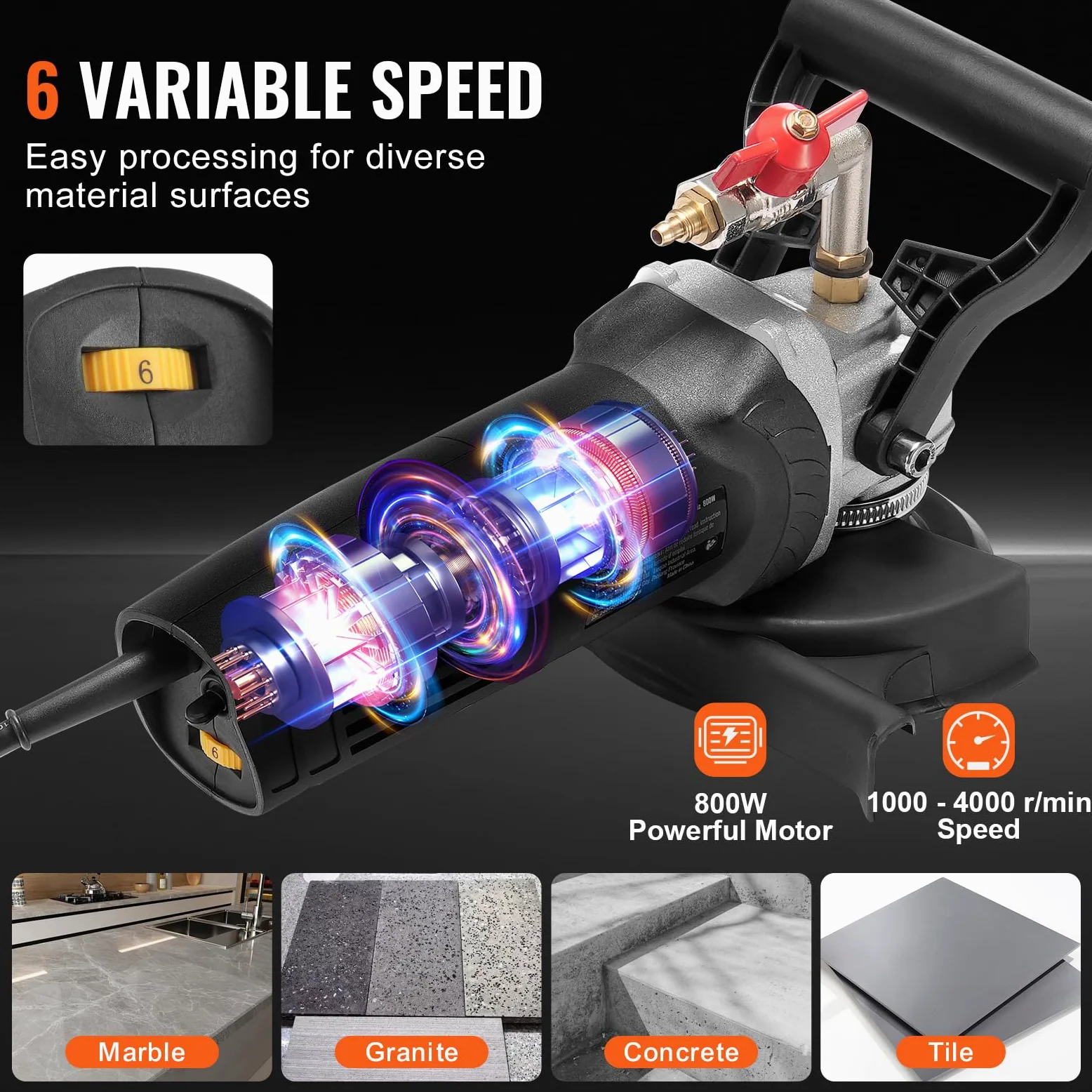VEVOR Lucidatrice a Umido 800 W, Lucidatrice per Calcestruzzo da 100 mm 6 Velocità Regolabile 7 Tamponi per Lucidatura 1000-4000 giri/min, Interruttore GFCI, per Marmo, Pietra, Roccia, Piastrelle
