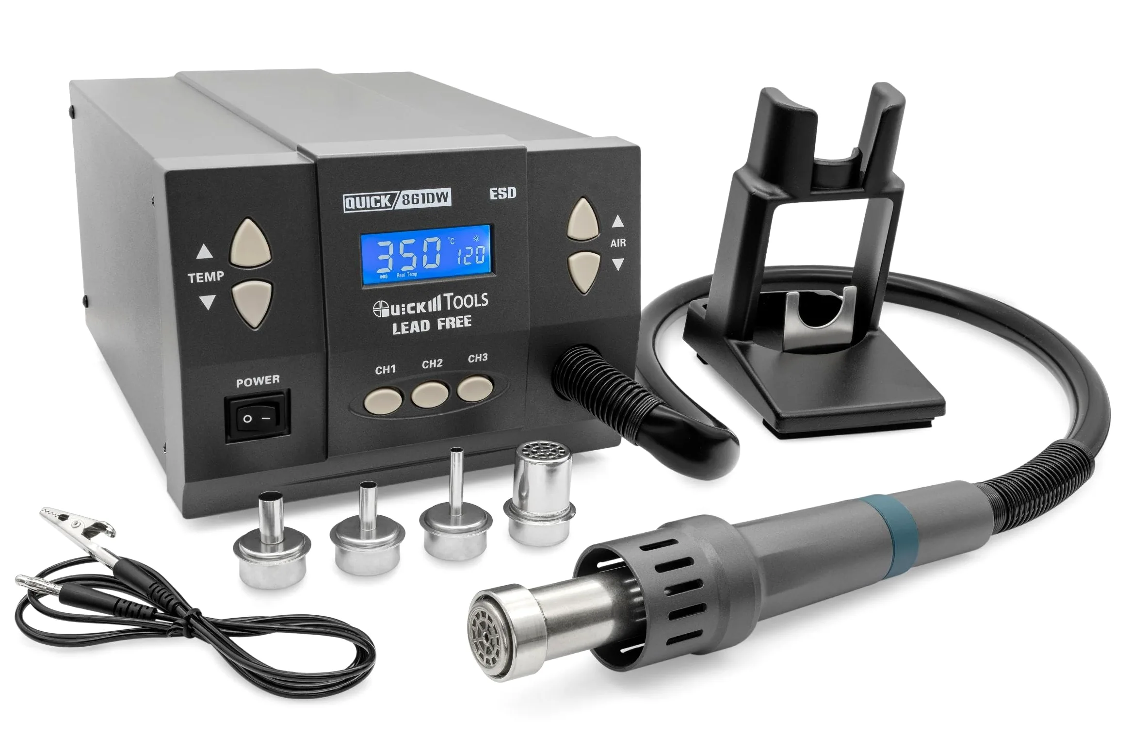 QUICK QU861DW - Stazione saldante professionale ad aria calda, regolabile, 1000 Watt, intervallo di temperatura 100-500 °C, SMD, funzione di calibrazione, standby, sistema di raffreddamento automatico