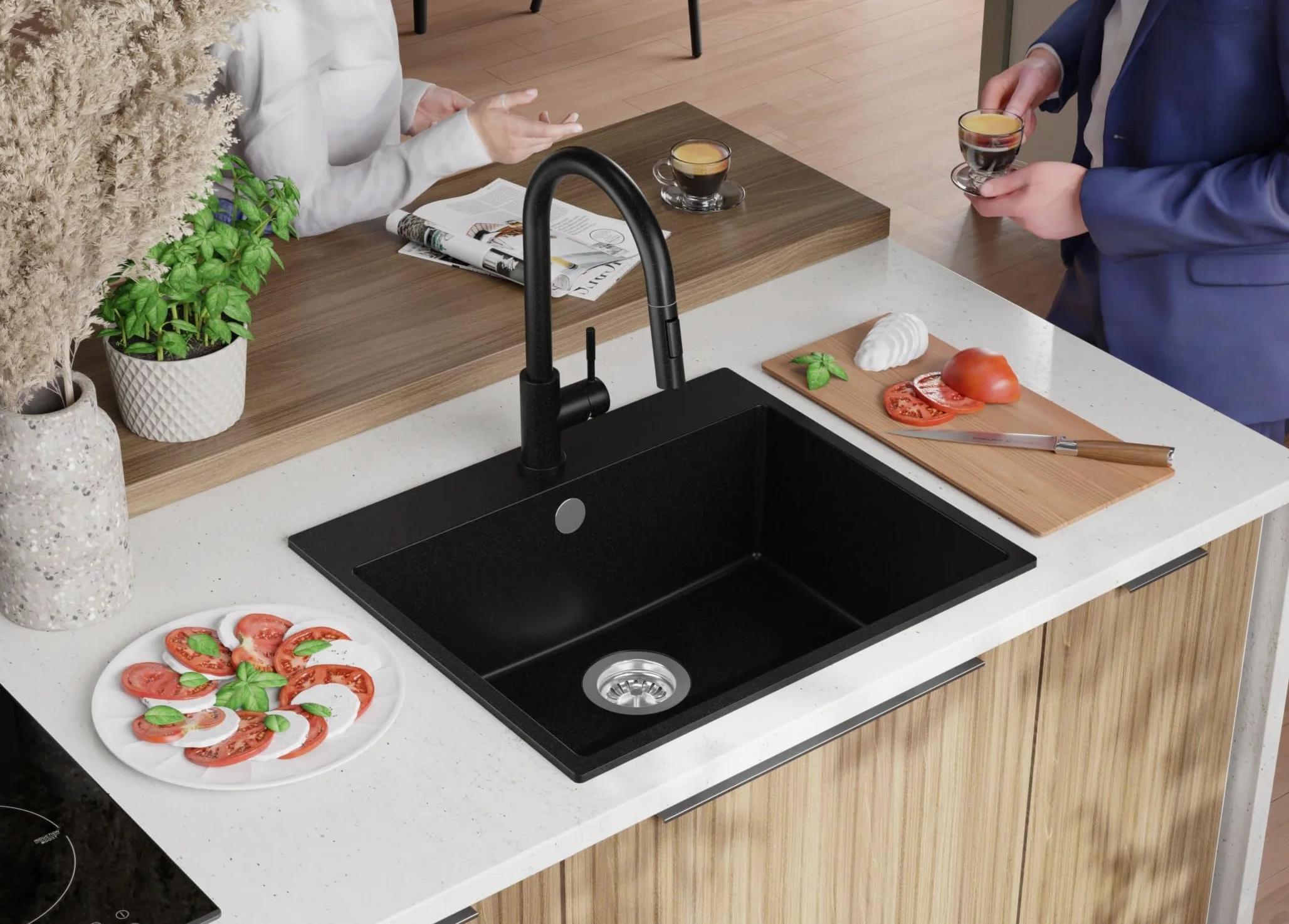 PRIMAGRAN Lavandino da Cucina Tutto Nero 58x50cm, Lavello in Granito a 1 vasca + Rubinetto 40x20cm + Set di accessori, Lavabo da Cucina Incasso al Mobile 60cm - Riga S393