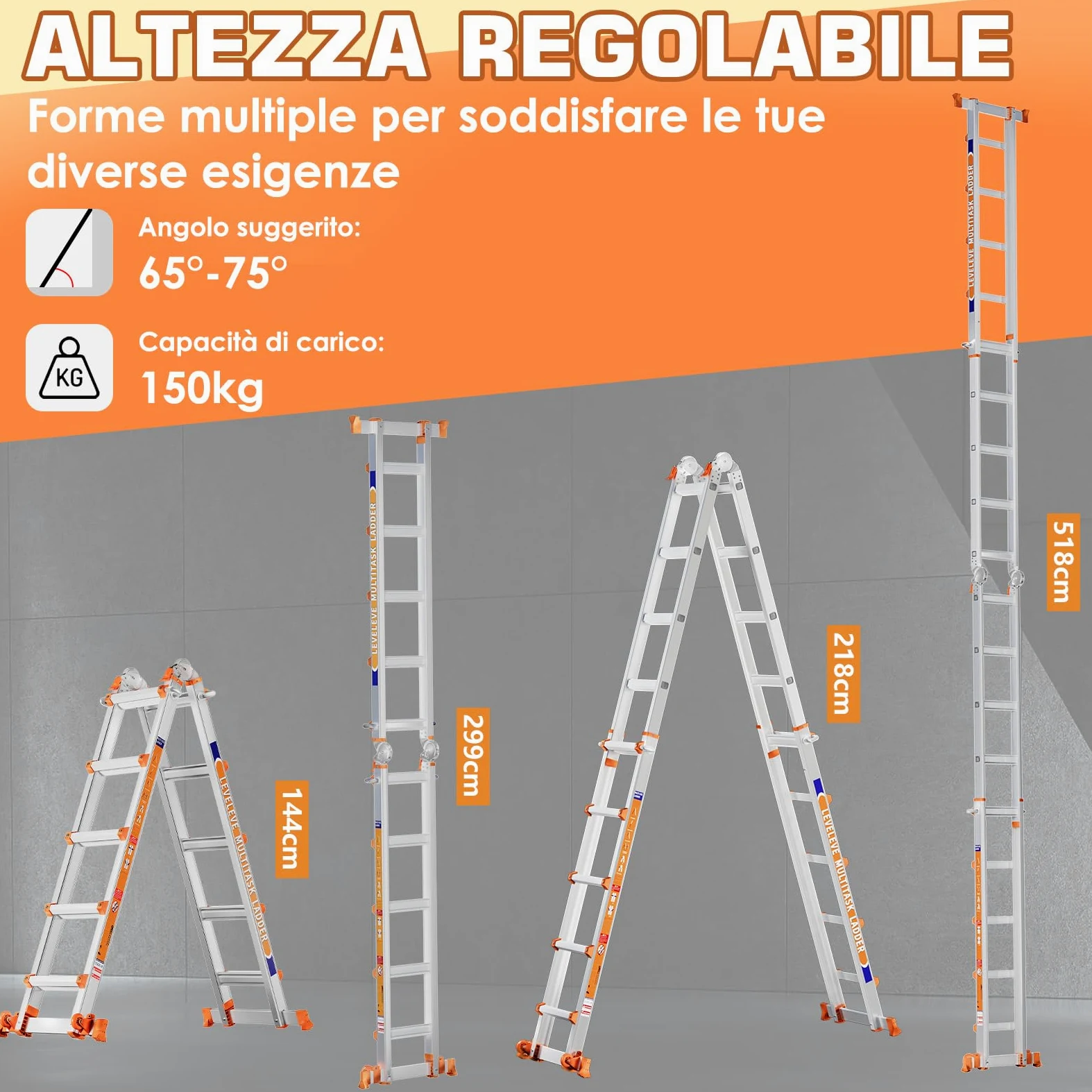 Scala Multiuso a 5 Livelli: Scala a 5 Livelli e Scala Allungabile da 17 Piedi (5,18 m) con Stabilizzatore e Ruote, Portata 150 kg, Sicuro per Scale, per Interni, Esterni e Tetto, in Lega di Alluminio