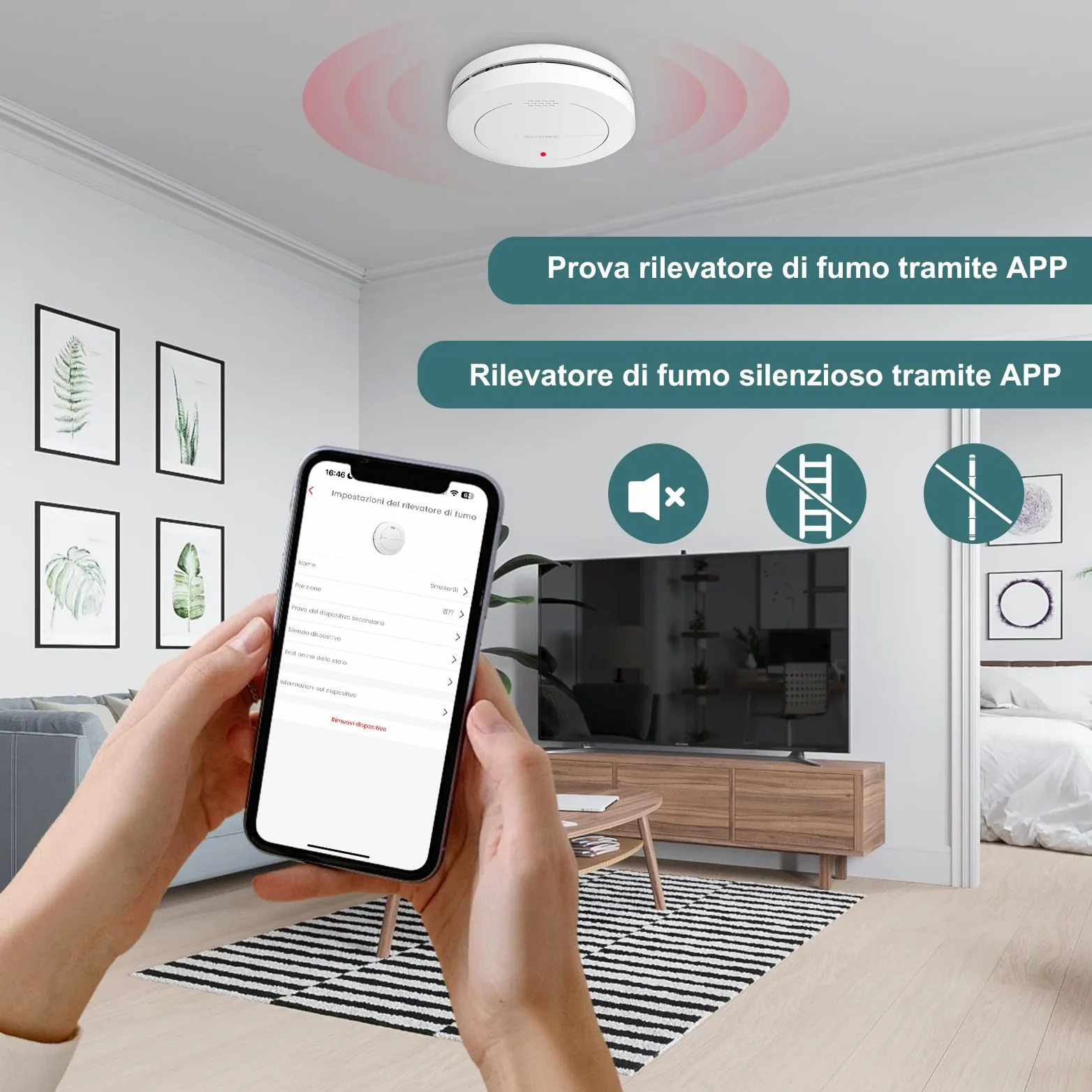 Safeliveo Rilevatore di fumo interconnesso WiFi, rilevatore di fumo con batteria da 10 anni, set da 5 con stazione base, certificato TUV Rheinland, set di allarme fumo con controllo tramite app