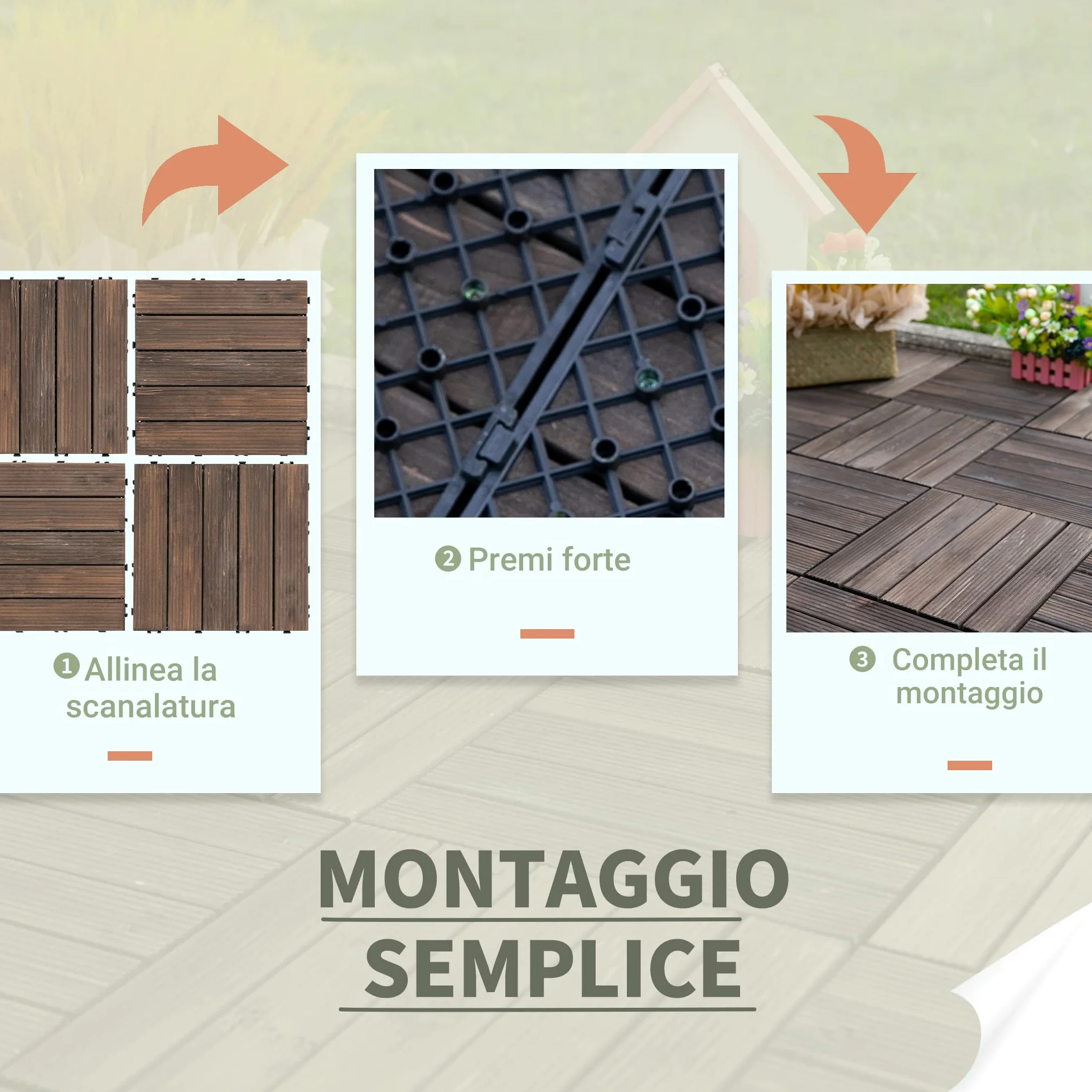 Outsunny Piastrelle per Esterni Pavimento da Giardino in Legno, Set da 27 Pezzi, 2.5m², Montaggio a Incastro, 30x30cm, Nero