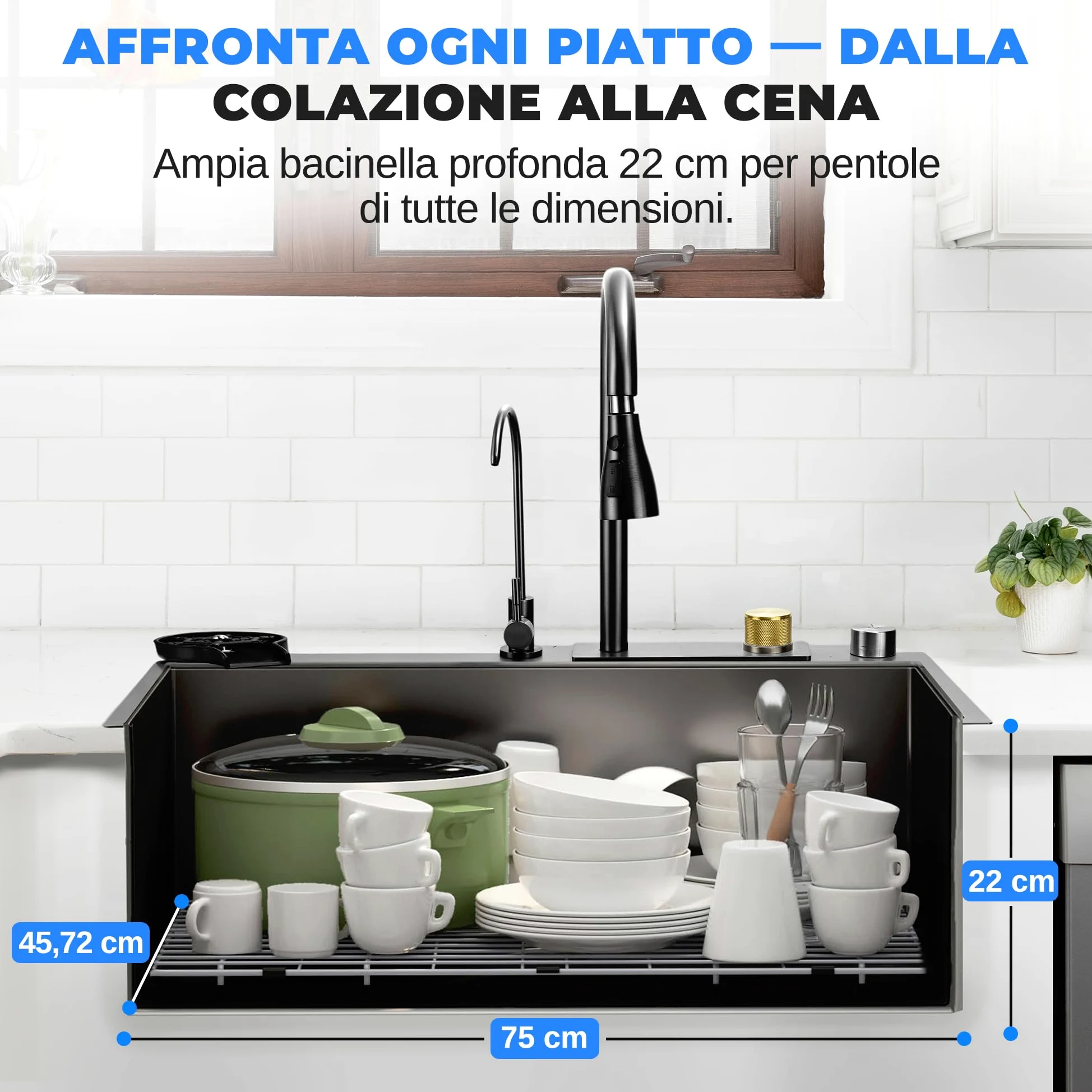 SereneLife Lavello Cucina 1 Vasca in Acciaio Inox Nero 75x46x22 cm, Lavandino Cucina con Scolapiatti, Cestello Filtro, Vassoio e Tagliere