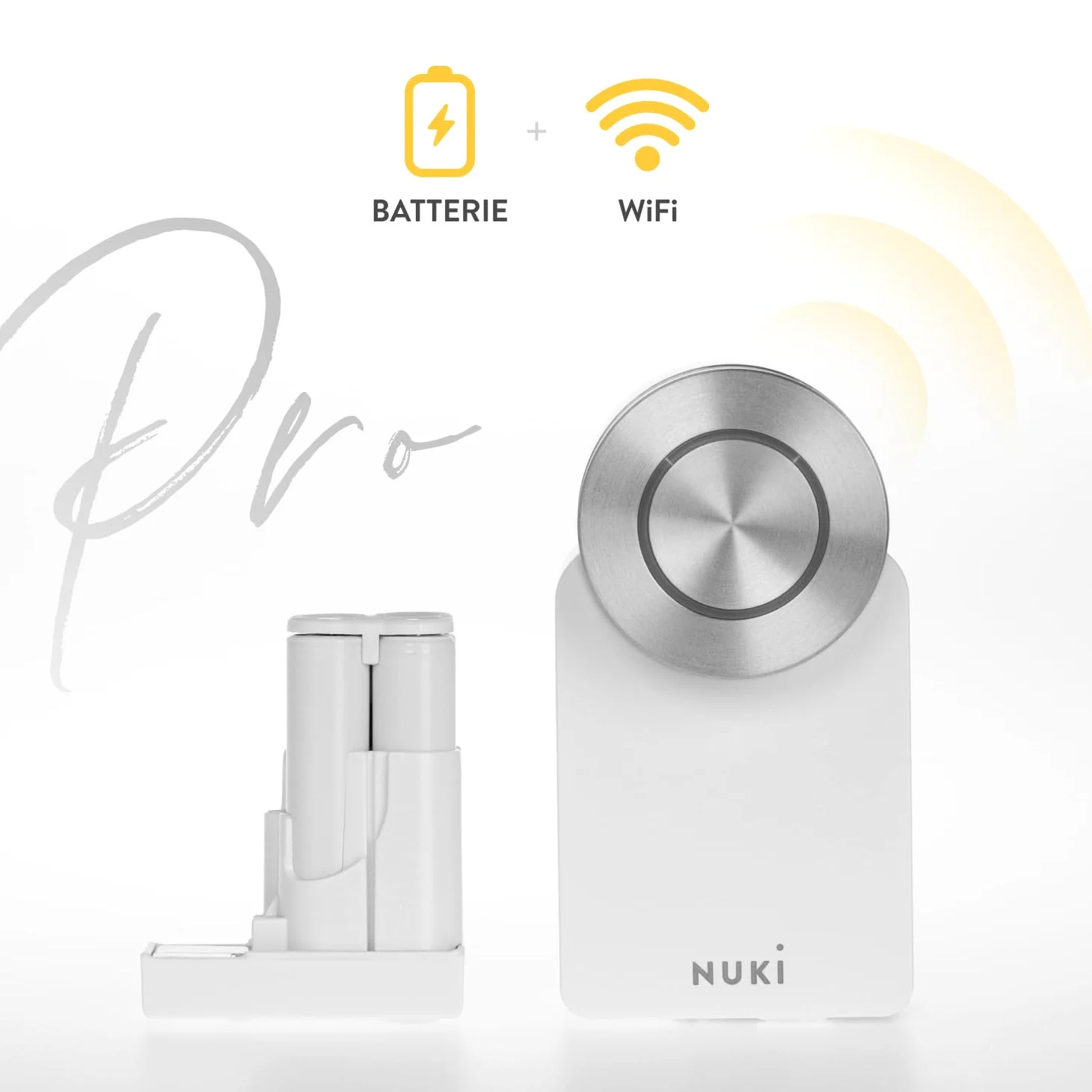 Nuki Smart Lock Pro (quarta generazione), serratura smart con WiFi e Matter per l'accesso remoto, serratura elettronica che trasforma lo smartphone in chiave, con Power Pack batterie, bianco