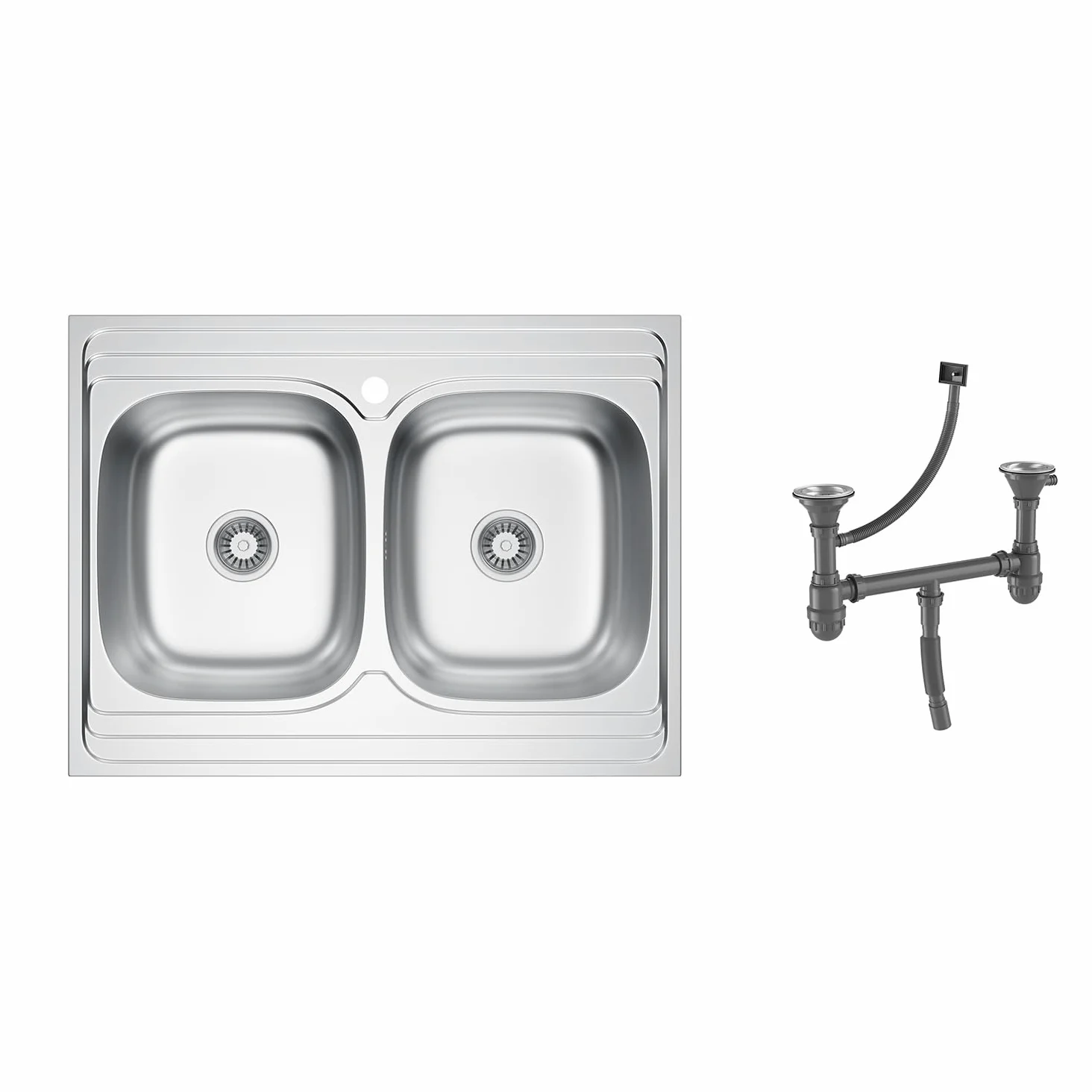 Lavello doppio in acciaio inox, 80 x 60 cm, con 2 vasche con sifone (80 * 60cm)