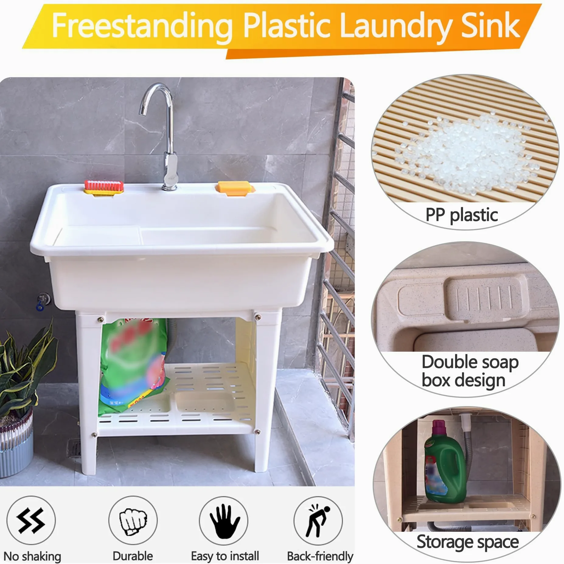 Lavello da Esterno Autoportante 80x58x80cm, Lavandino Lavanderia in Plastica con Rubinetto e Ripiano, Lavabo Portatile per Giardino e Campeggio, Grigio