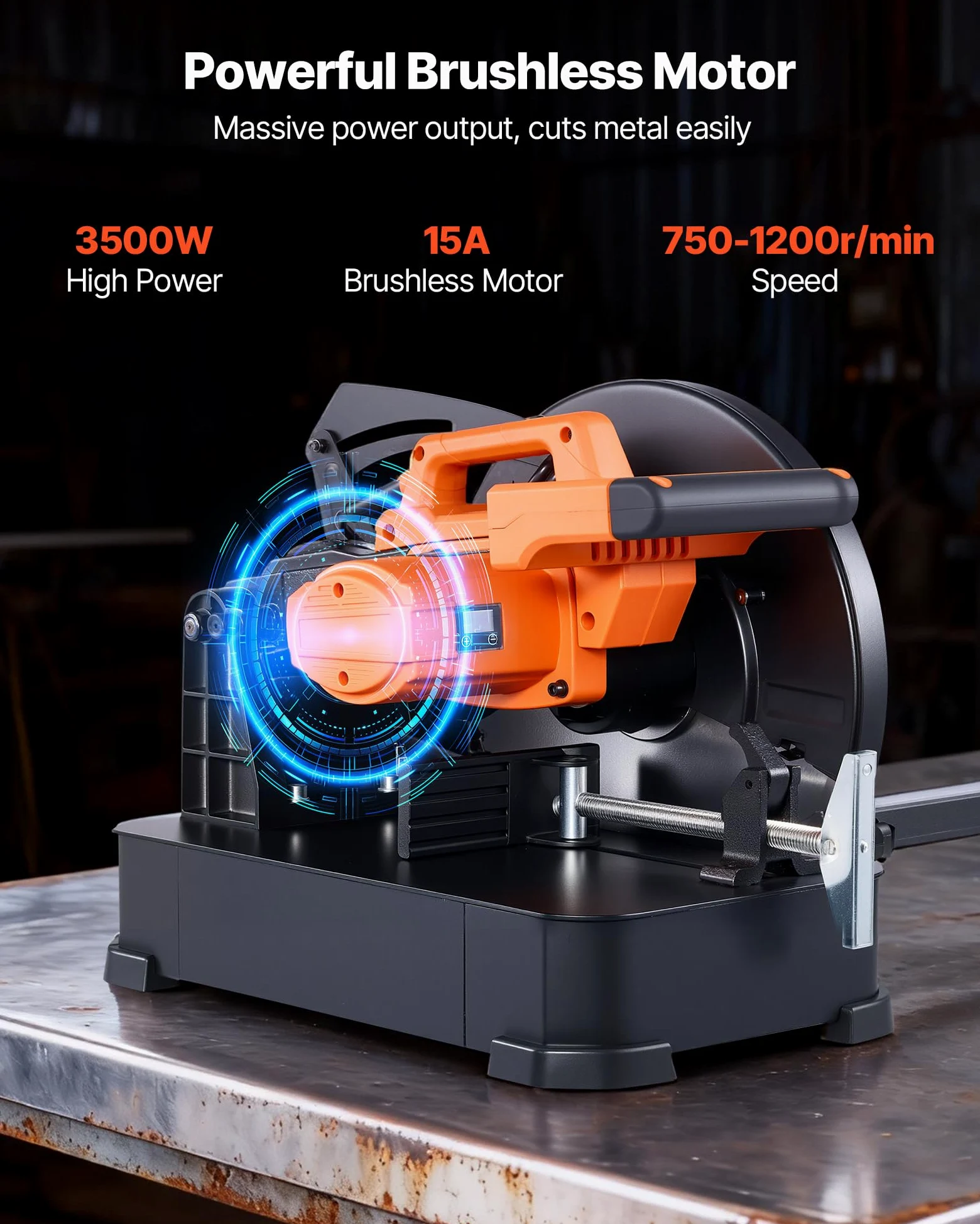 VEVOR Troncatrice per Taglio dei Metalli con Lama a Freddo in Acciaio Inox da 355 mm, Motore Brushless da 3500 W, Velocità Regolabile 750-1200 giri/min, Angolo 0-45°, Troncatrice Taglio Metallo