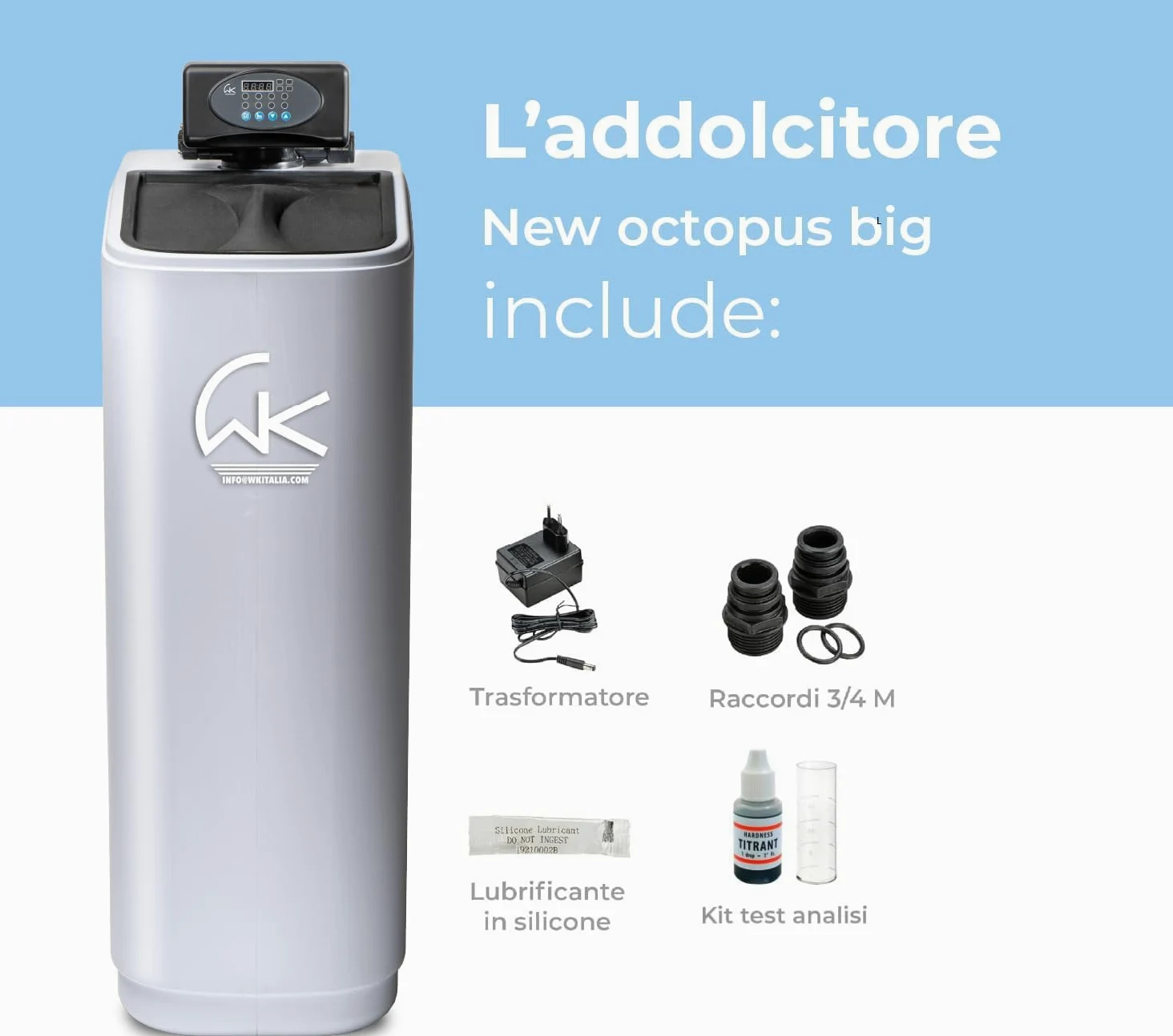 WK - Addolcitore d'Acqua domestico New Octopus Big, Sistema di Filtraggio per Acqua Dolce, Design Compatto e Portata di 5000 Litri, Ideale per Famiglie Numerose