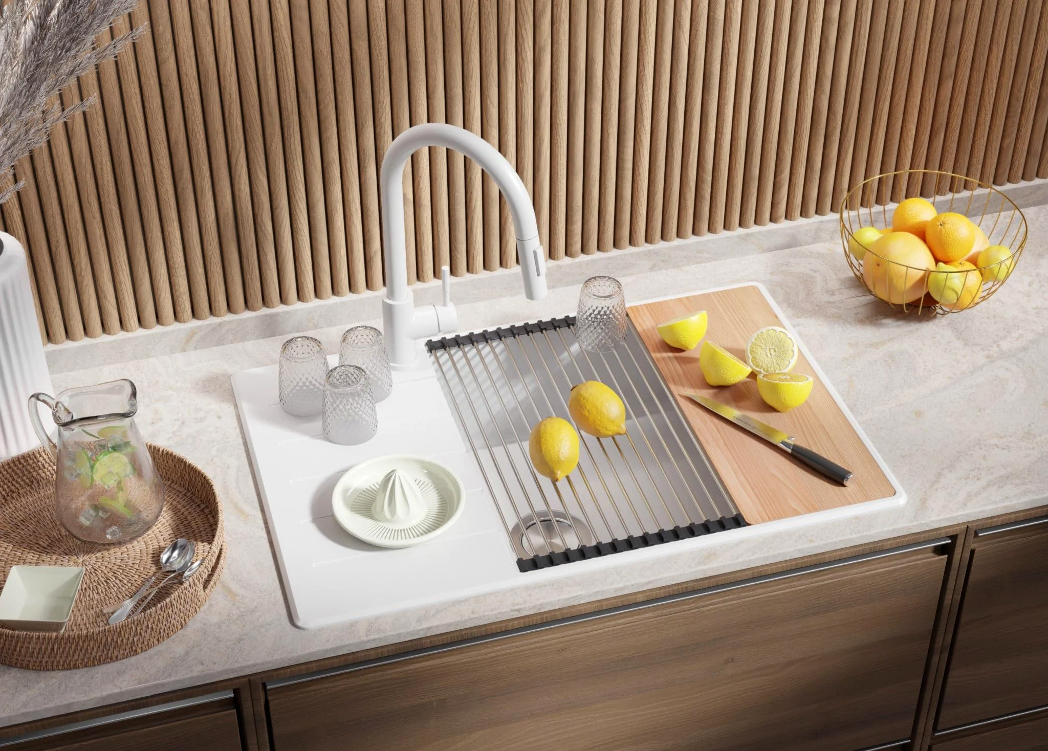 PRIMAGRAN Lavello da Cucina Tutto Bianco 78x50cm, Lavandino in Granito a 1 vasca + Sifone Classico, Lavabo da Cucina Incasso al Mobile 60cm - Copenhagen Top S572