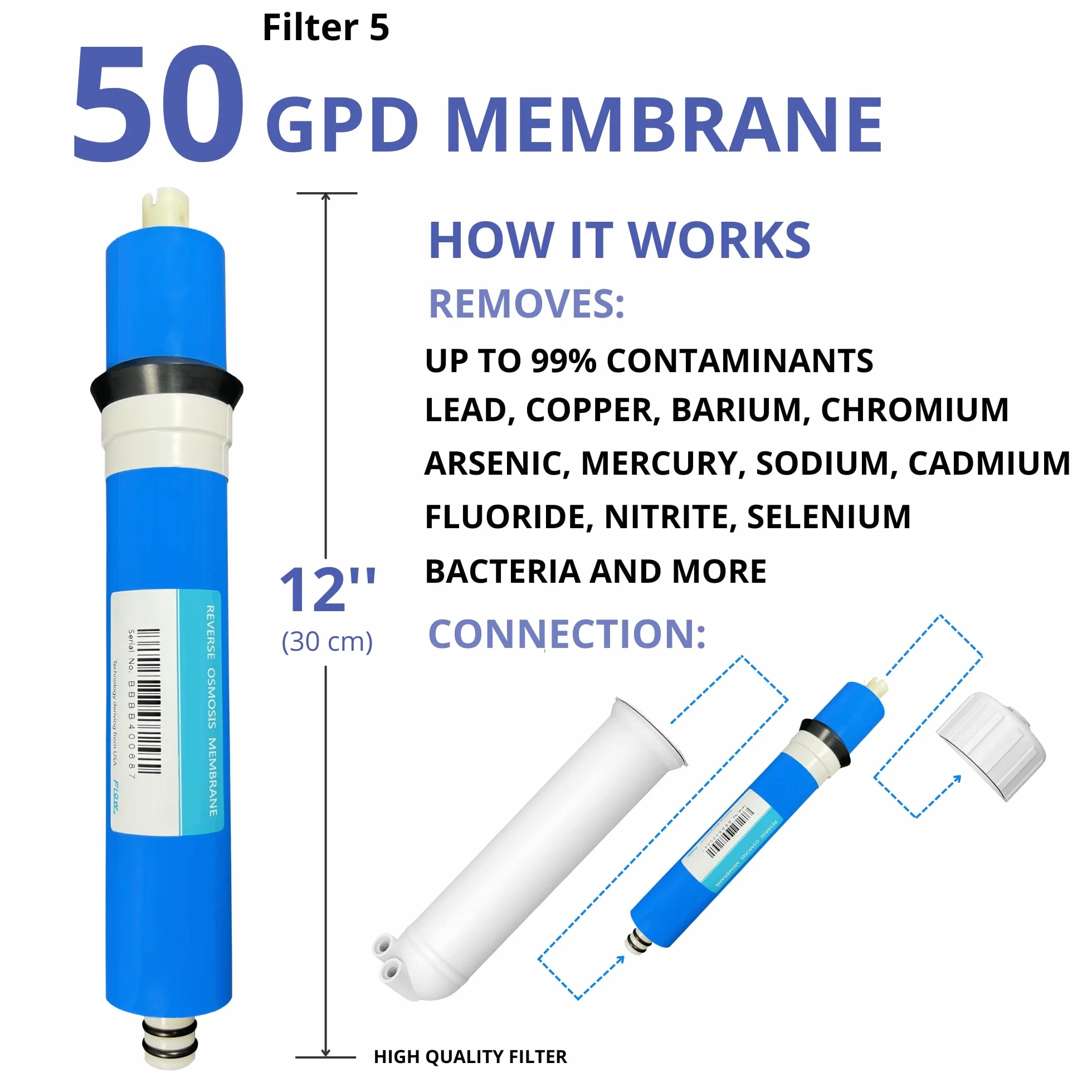 Depuragua - Kit Ricambi Osmosi Inversa | Filtrazione Acqua | Set Completo 5 Filtri | Resistente | Membrana 50 GPD 200 Litri | Filtri per Depuratore Osmosi Inversa |