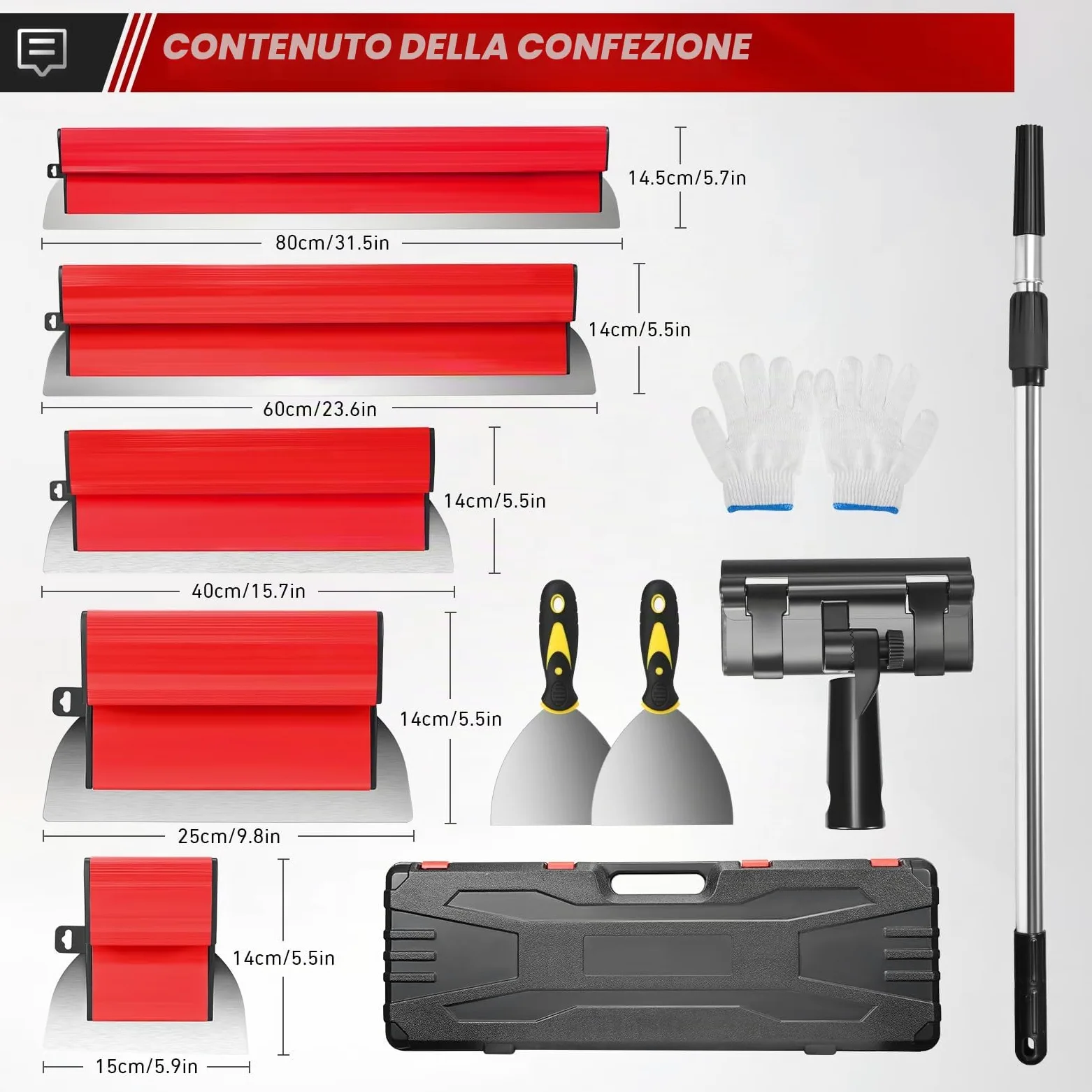 Set di spatole per superfici,inclusi 5 raschietti superfici 190 mm a mezzaluna 250 mm 400 mm 600 mm 800 mm con lame di ricambio 2 raschietti manuali asta telescopica in alluminio Spatula (Rosso)