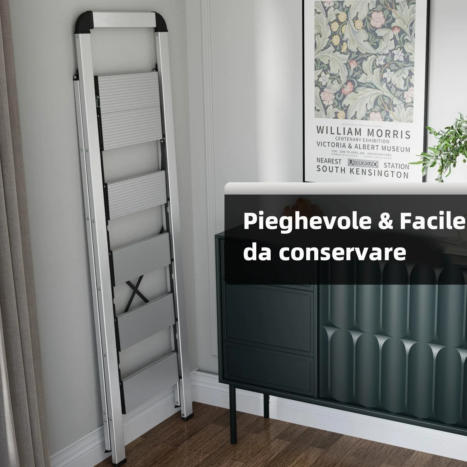 KINGRACK Scaletta 5 Gradini Pieghevole in Alluminio Leggera con Corrimano, Blocco di Sicurezza, Pedali Antiscivolo, Scala per Cucina Garage Casa, Salvaspazio Robusta e Portatile Massima 150kg, Argento