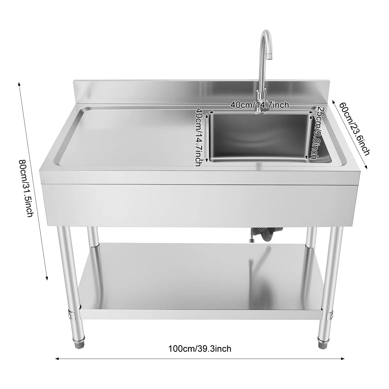 Lavelli da cucina commerciali 100 x 60 x 80 cm, in acciaio inox con capacità di carico 300 kg. Lavello in acciaio inox spazzolato con 1 vasca (a destra) con rubinetto, tubo di scarico, filtro per