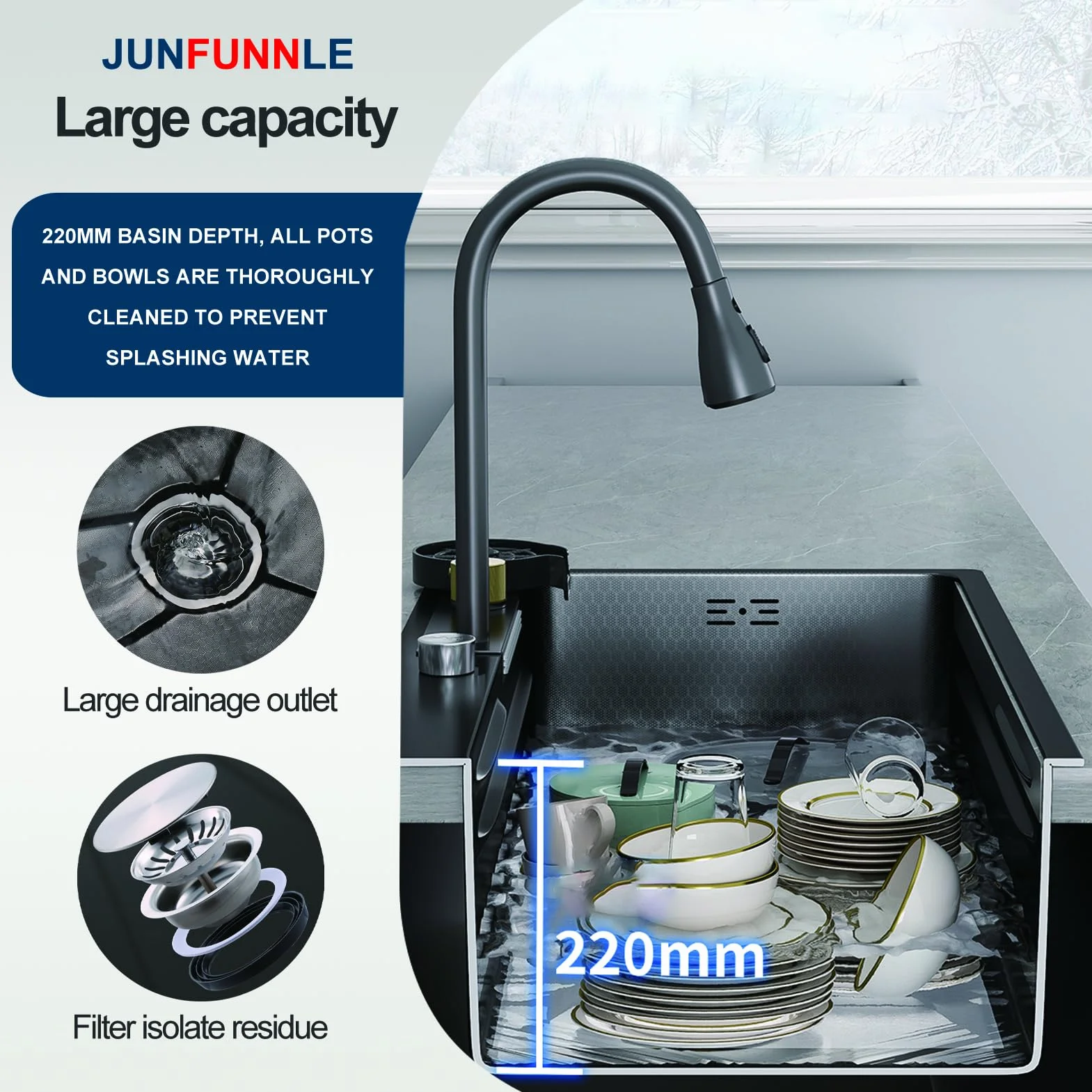 Lavello Cucina 1 Vasca Grande 68x45cm, Moderno Lavello Cucina in Acciaio Inox, Cascata a Lavello Multifunzione, Con Rubinetto, Sifone e Set di Drenaggio (Kitchen Sink)