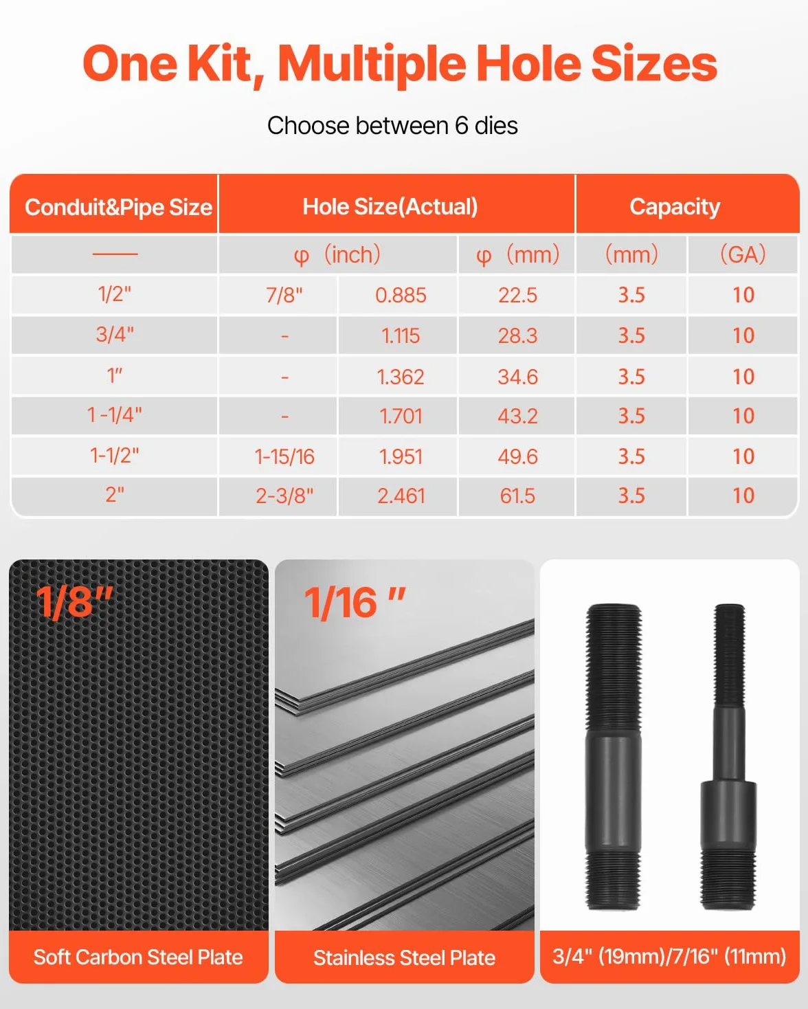 VEVOR Kit di Perforazione Manuale, Set di Punzoni Idraulici da 10 T Kit di Utensili KO per Realizzazione di Fori 1,27 a 5,08 cm con 6 Matrici per Armadi in Metallo, Controllo e Quadri Elettrici