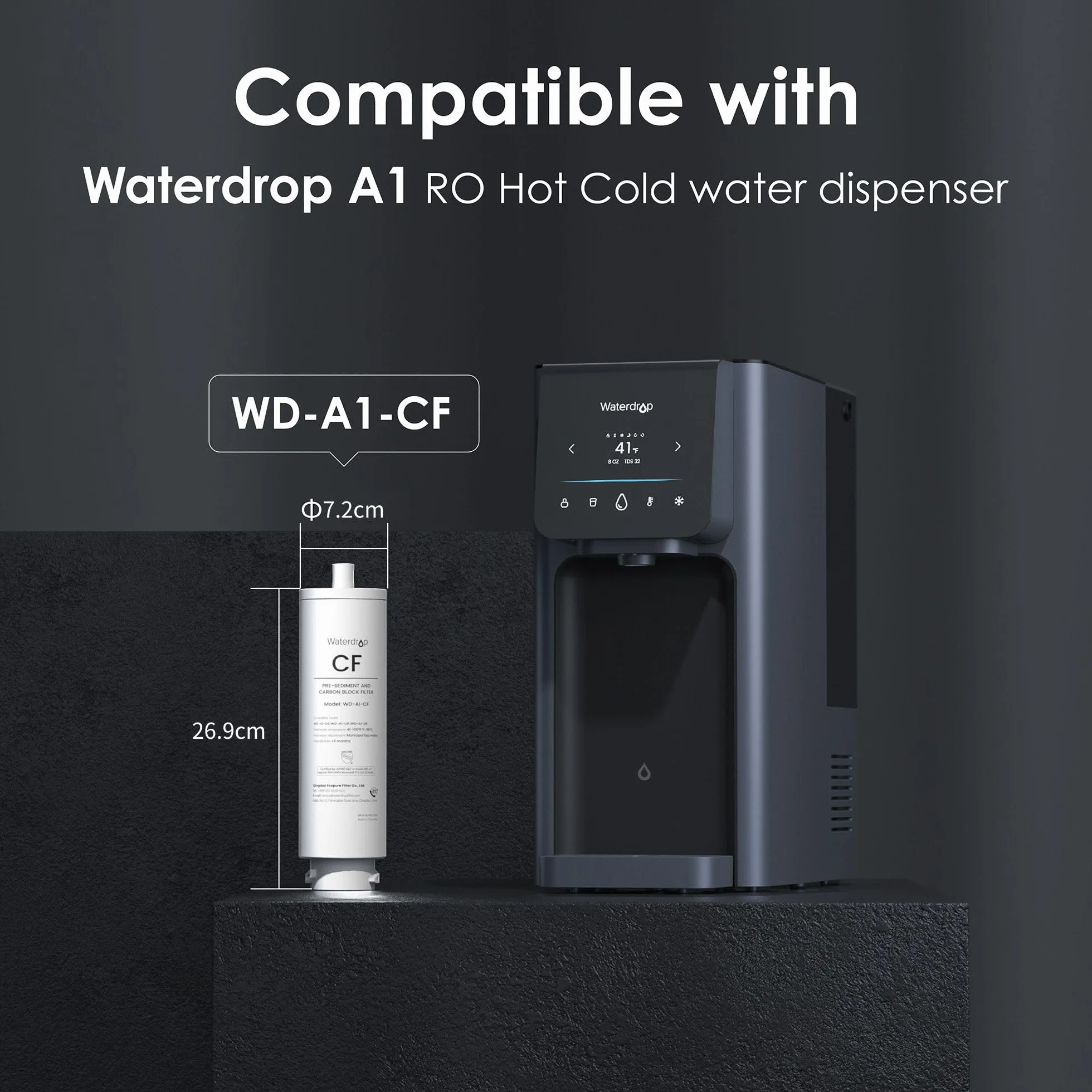Waterdrop WD-A1-CF Filtro, Ricambio per l'Erogatore di Acqua Calda e Fredda a Osmosi Inversa WD-A1, Durata di 6 Mesi