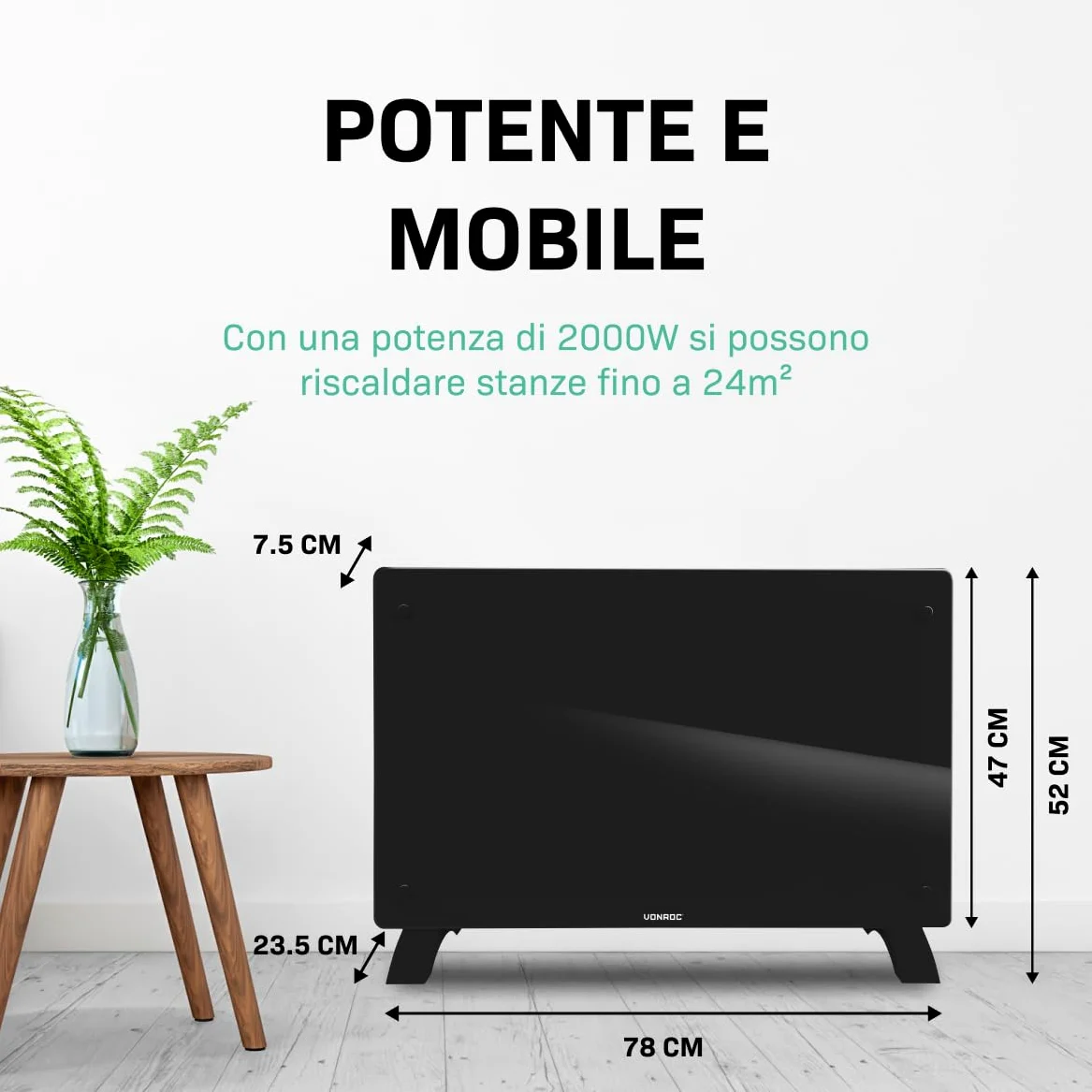 VONROC Riscaldatore elettrico di lusso | Termoconvettore smart a pannello in vetro - 2000W - | Controllo manuale e Wifi Nero