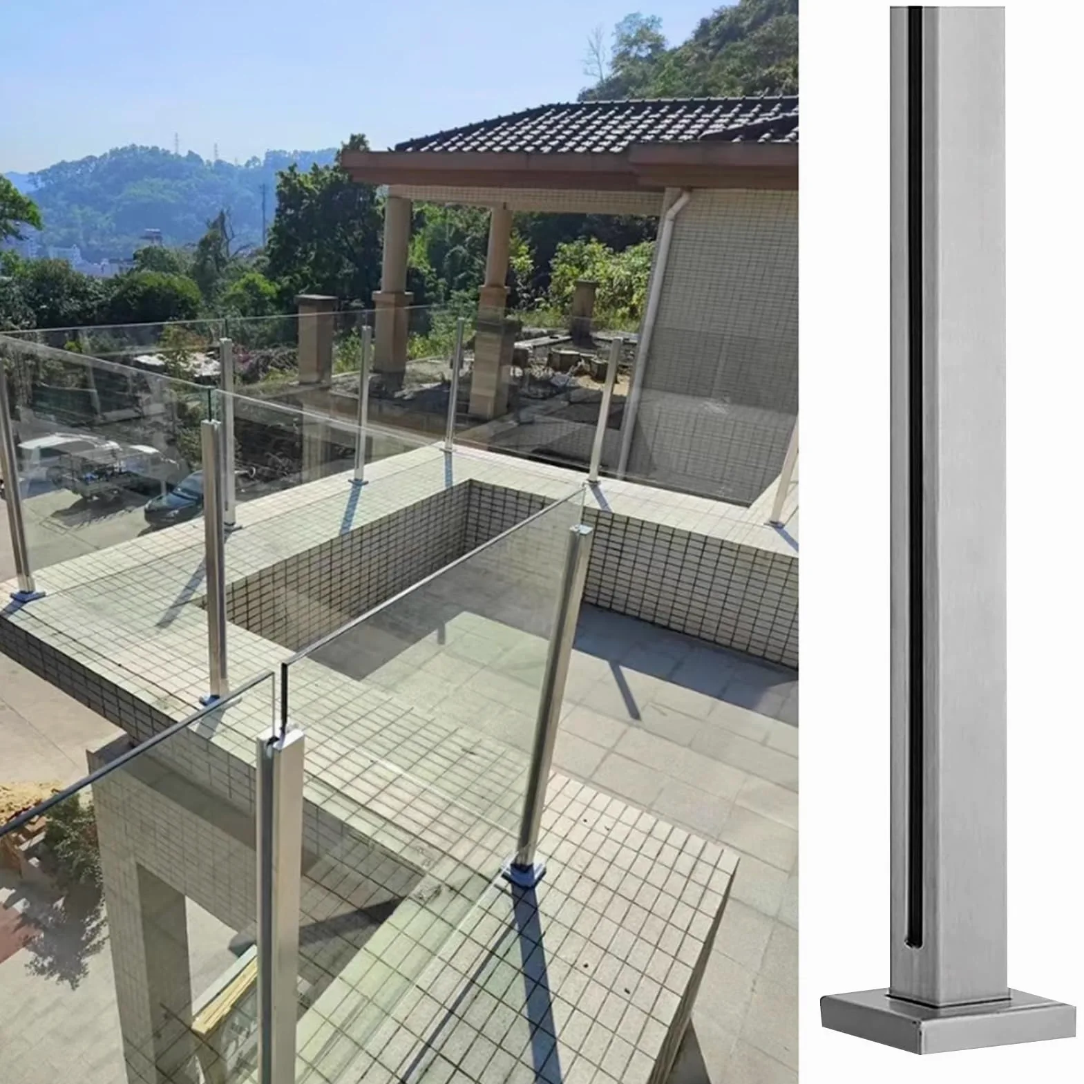 Set di pali per ringhiera in vetro in acciaio inox, angoli terminali e pali centrali per scale, balconi, ponti e recinzioni per piscine, 110 cm