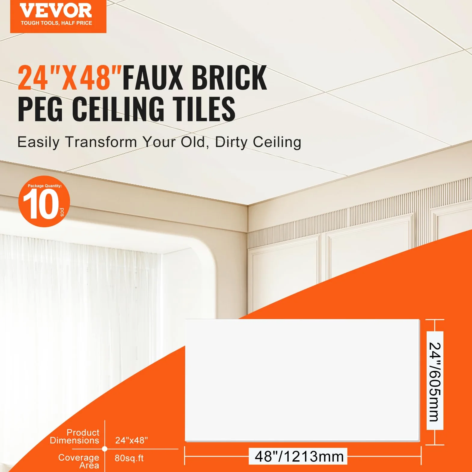 VEVOR Pannelli per Controsoffitto 605 x 1213 mm Pannelli per Soffitto Confezione 10, Buona flessibilità, Facile Installazione, Rivestimento per Soffitto per Decorazione di Casa/Ufficio, Bianco Liscio