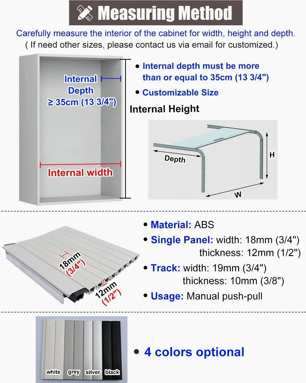 ZIMGOD Porta a Soffietto Anta Scorrevole a Serrandina Kit per Mobile da Cucina, Ante Pieghevoli per Armadio/Credenza/Guardaroba, Serranda Avvolgibile di Ricambio con Guide(Black,45x80cm (18x32))