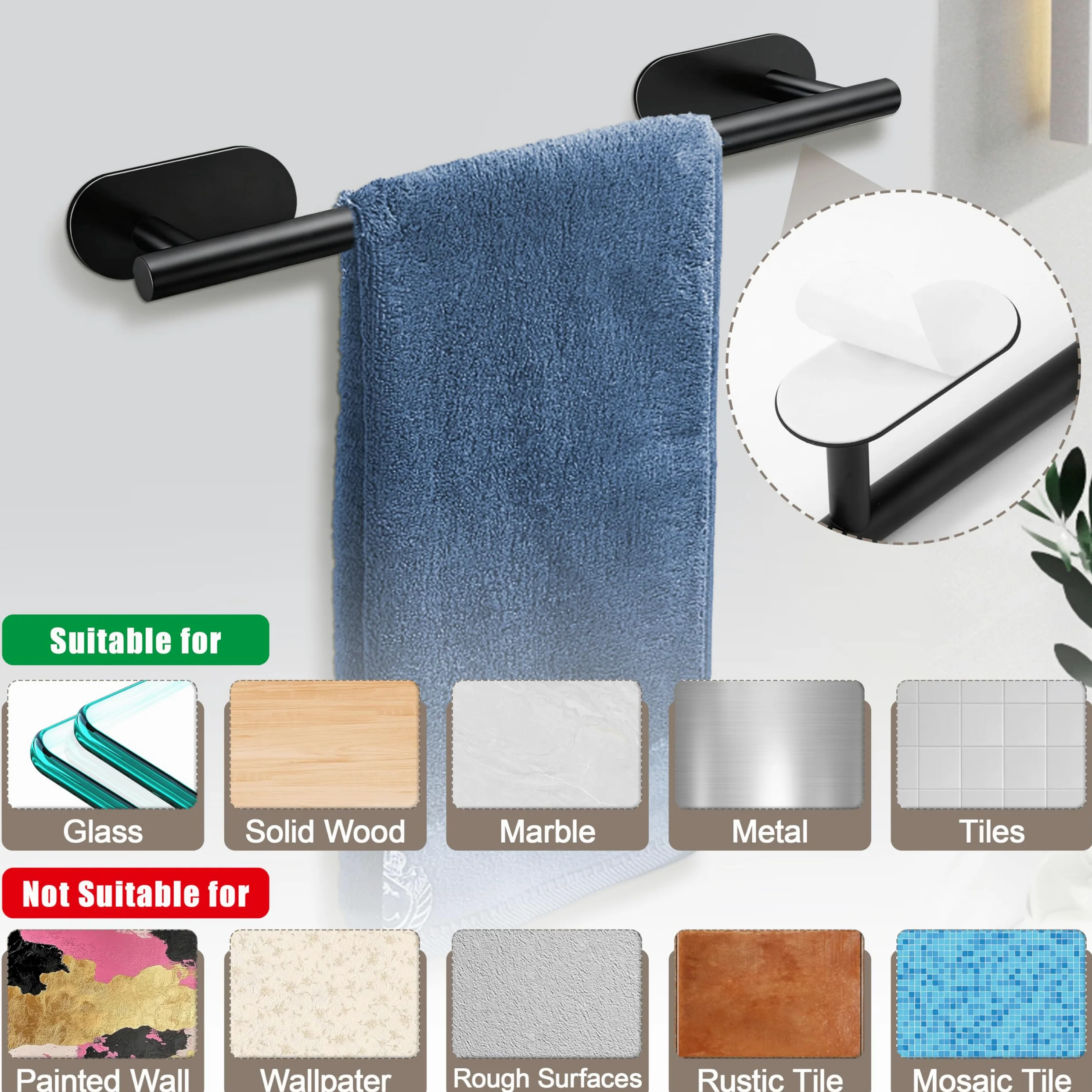 Accessori per il Bagno per Asciugamani Autoadesivi set 8PCS Acciaio Inossidabile Portasalviette da Bagno porta Carta Igienica Gancio per Accappatoio (Nero)