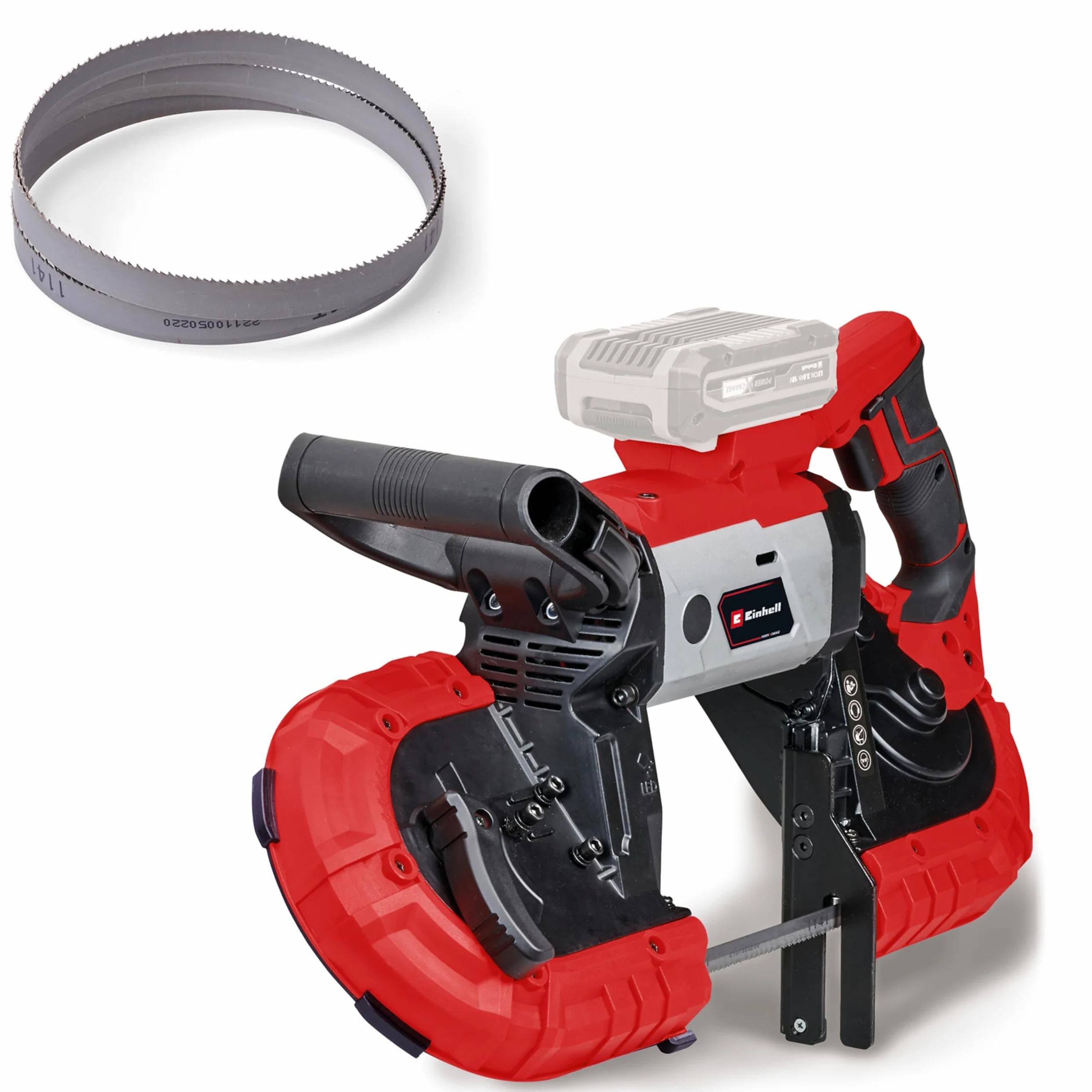 Einhell sega a nastro a batteria TE-MB 18/127 Li-Solo Power X-Change (18 V, altezza di taglio 115 mm, larghezza di taglio 127 mm, luce LED, incl. 2 lame sega a nastro per metallo, senza batteria)