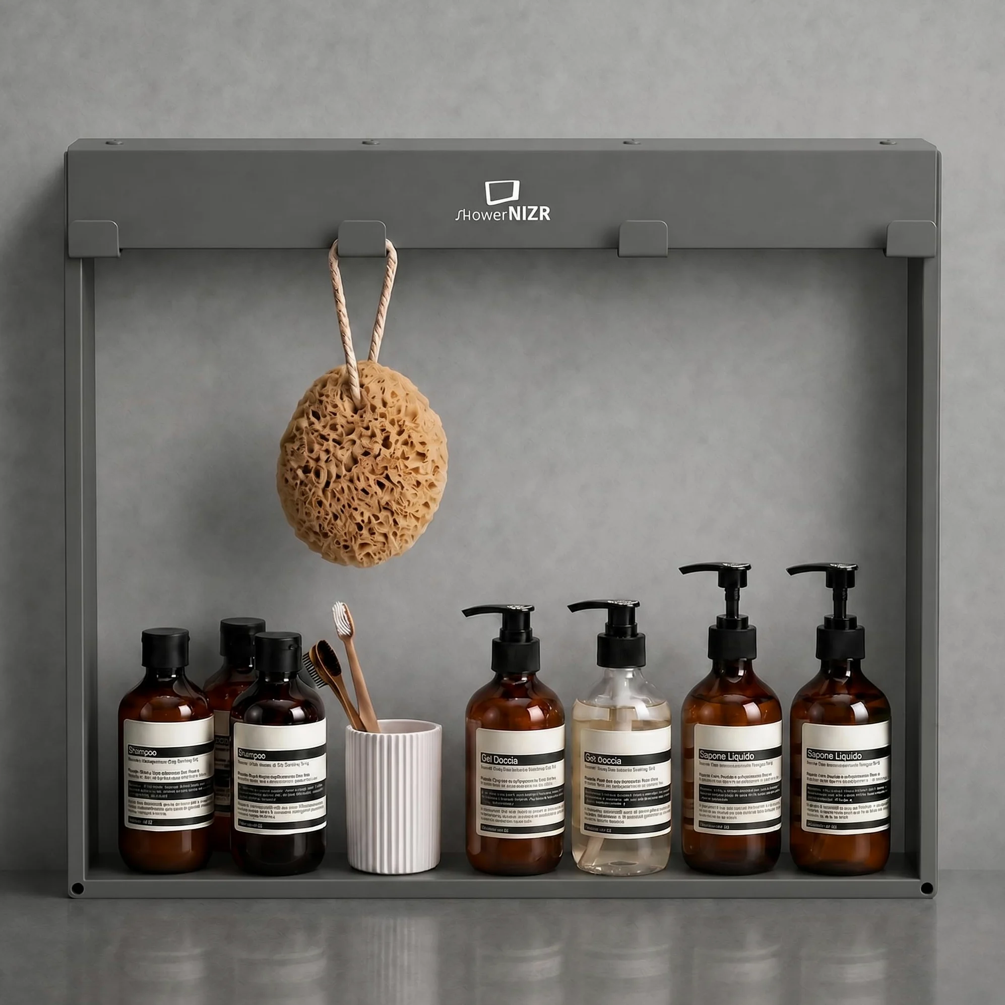 ShowerNIZR Mensola doccia Grey - Mensola doccia senza foratura da appendere alla parete in vetro in acciaio inox con 4 ganci porta shampoo per organizer doccia moderno e ordine nel box doccia