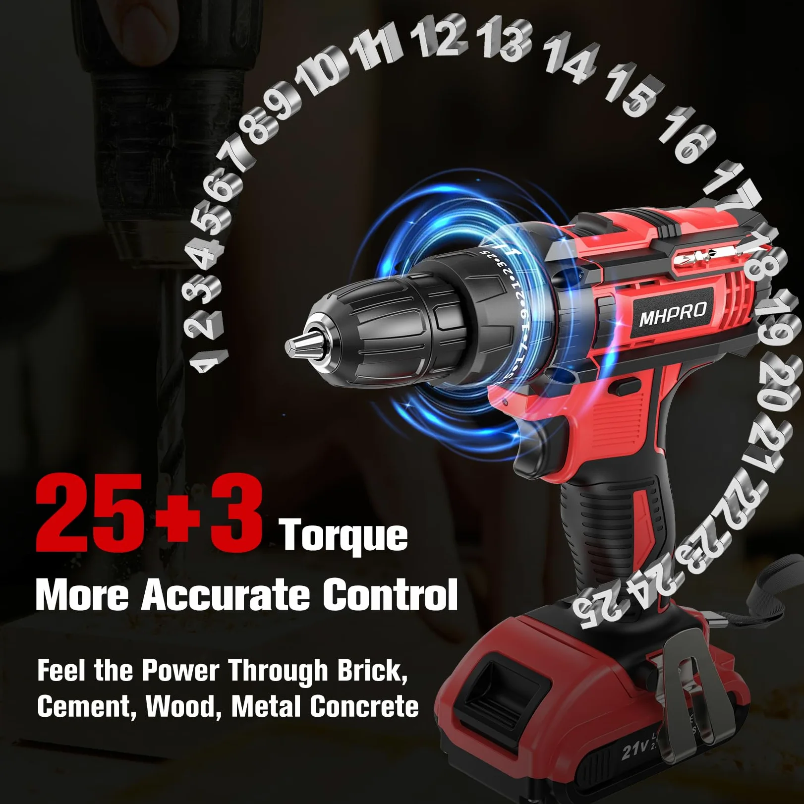MHPRO Trapano Avvitatore Batteria 21V, Avvitatore a Batteria con Batterie 2.0Ah, 42Nm Avvitatore Elettrico, 25+3 Coppie, 2 Velocità, 23CS Accessori, LED Luce per Casa Progetto