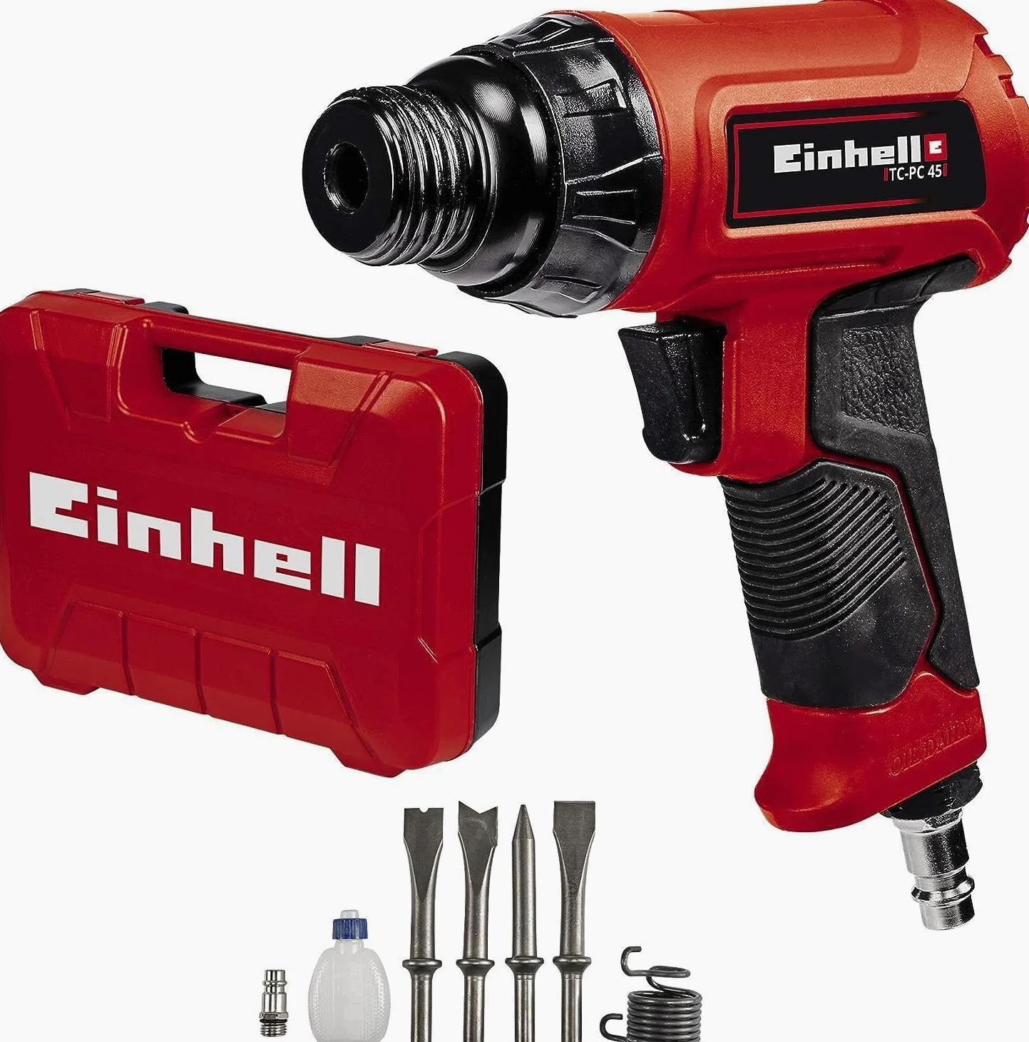 Einhell Scalpello pneumatico TC-PC 45 (pressione max 6.3 bar, portata aria 113 L/min, giri min 4500, corsa 43 mm, incl. set 4 scalpelli da 120 mm e boccetta d'olio)