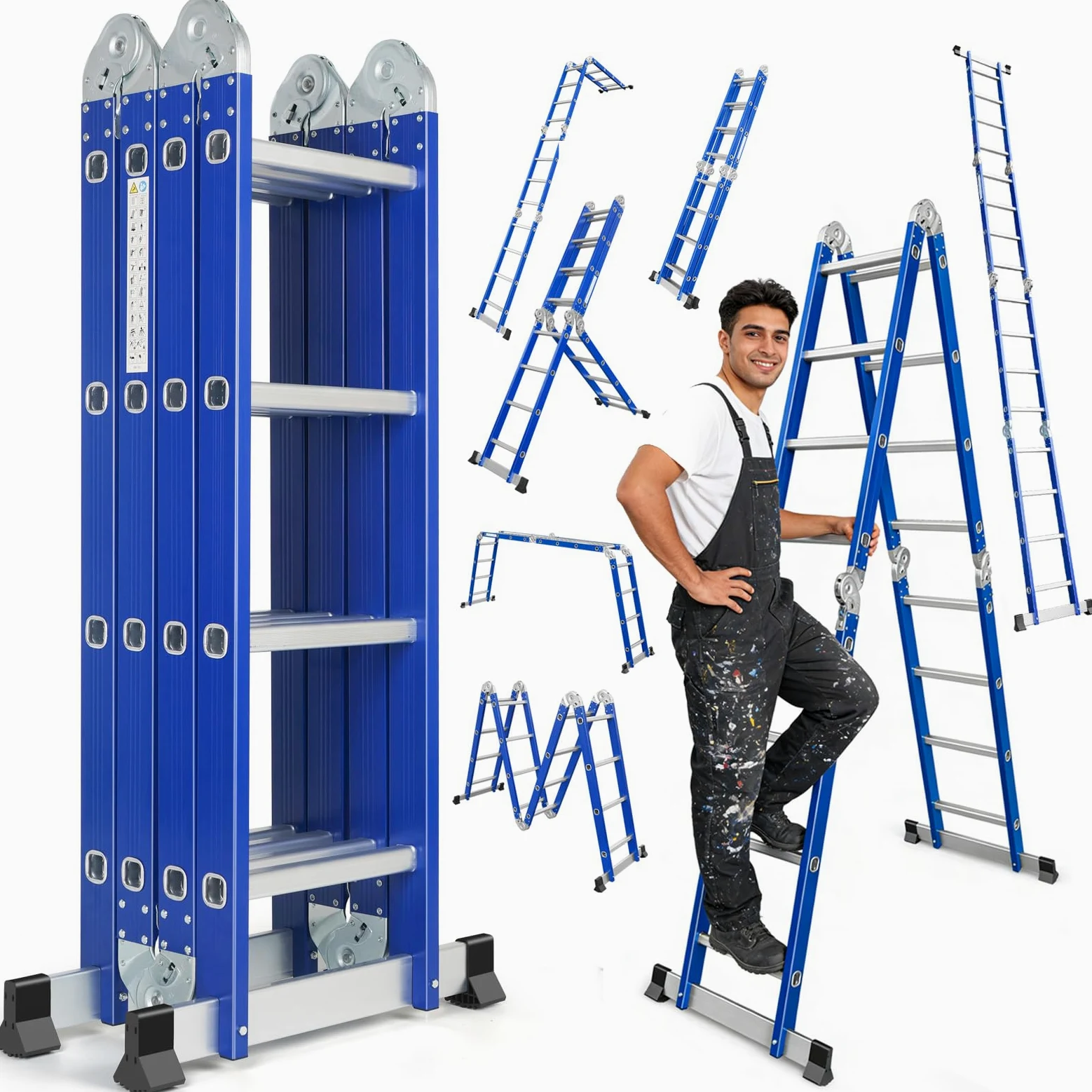 Scala Pieghevole Multiuso 7 in 1 in Alluminio - 4 x 4 Gradini, 464 cm, Scala Multifunzione per Uso Domestico Interno ed Esterno, 16 Gradini, Portata Massima 150 kg