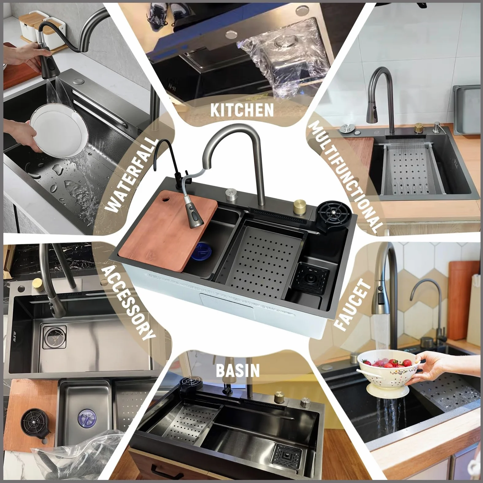 80x50cm Lavello da cascata nero, multifunzionale Lavello Cucina 1 Vasca in Acciaio Inox, con Rubinetto Estraibile, sifone e Set di Drenaggio, e vari accessor, lavello domestico set