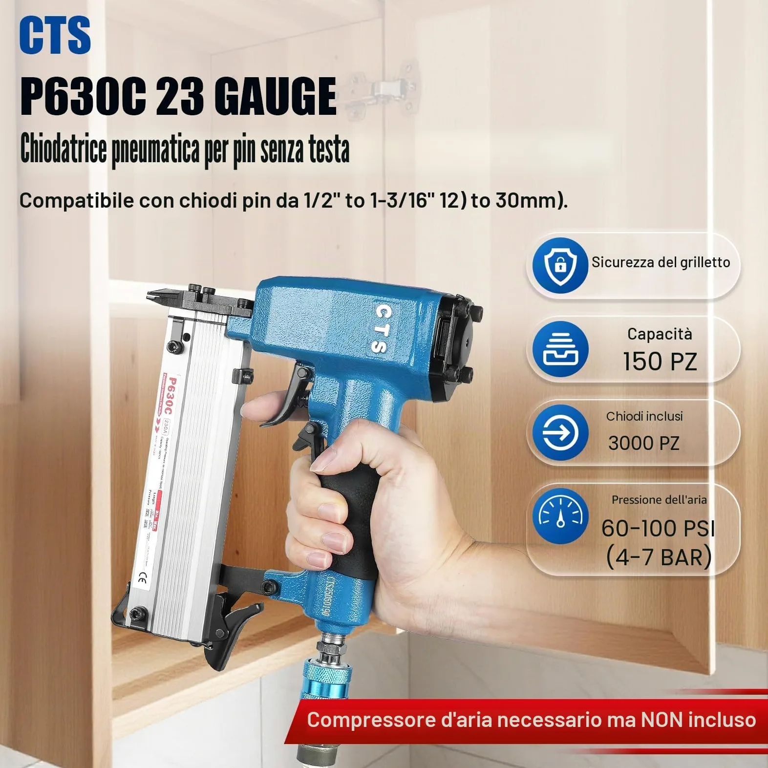 P630C - Chiodatrice pneumatica con pin da 23 gauge, 3000 chiodi inclusi, pistola con pin senza testa e grilletto di sicurezza, adatta per chiodi da 12 a 30 mm, micro pin per armadi
