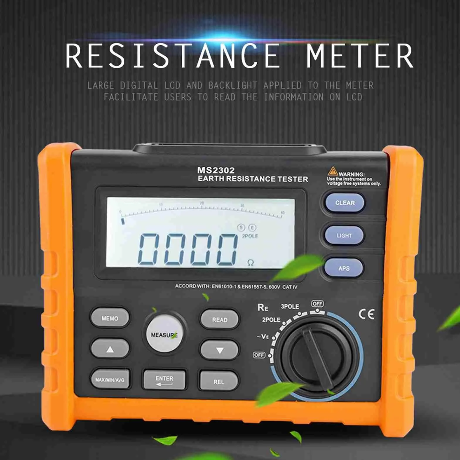 PEAKMETER MS2302 Tester Ohm per Asta di Messa a Terra Digitale, Misuratore Analogico Tester di Resistenza di Terra, 0~4K Ohm 100 Gruppi Registrazione Dati con Display LCD