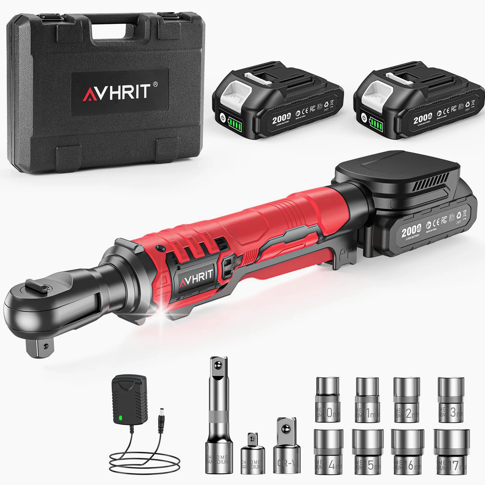 Chiave a cricchetto elettrica 3/8" Senza Fili: 120Nm (88 Ft-lbs) + 200 RPM, con 2 Batterie 2.0Ah, Luce LED e Set da 11 Boccole,Potente chiave elettrica per Auto e Riparazioni Domestiche