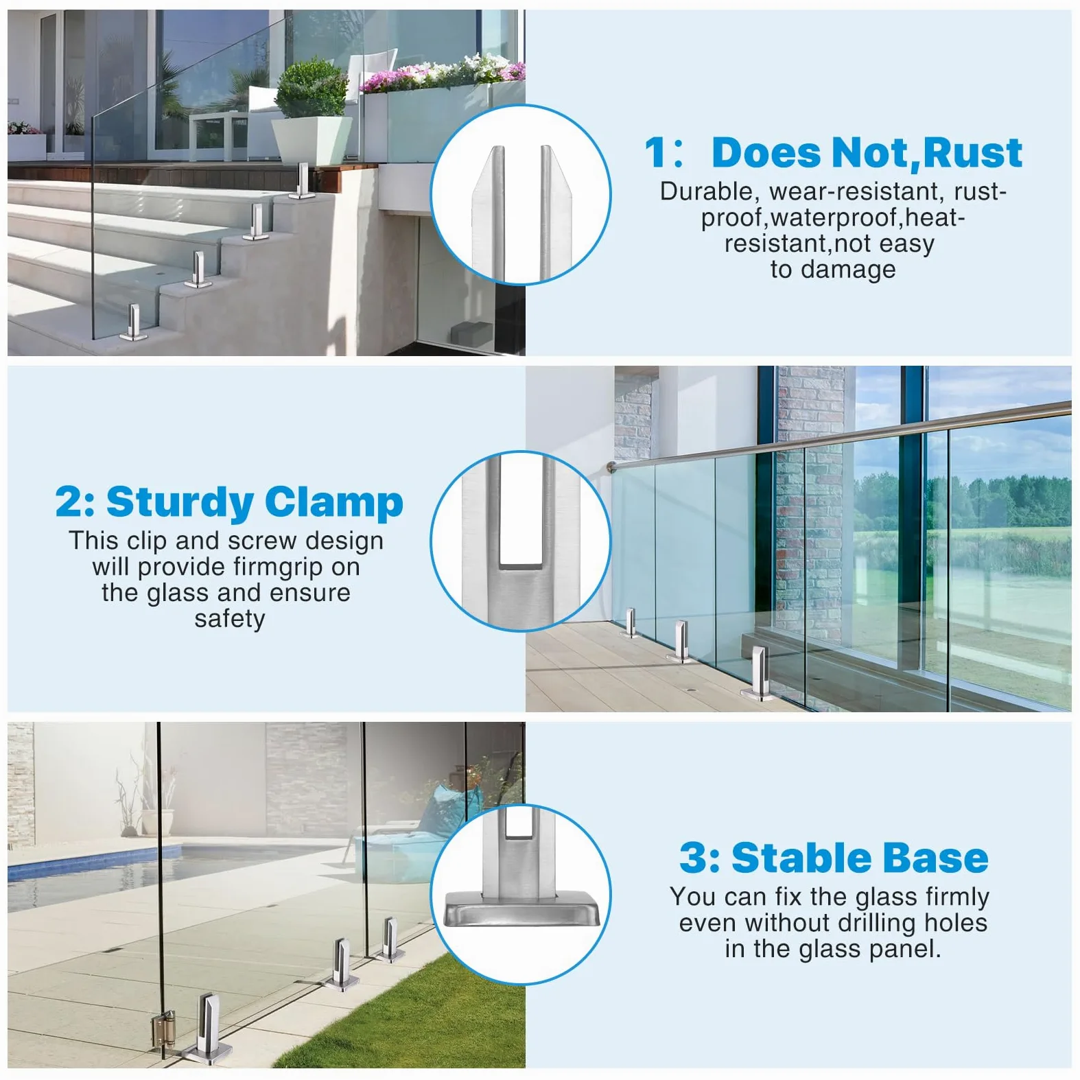 4 Pezzi Morsetto per Vetro in Acciaio Inox, Ringhiera per Piscina Vetro, per Vetro da 8-12 mm/0,3-0,5" di Spessore, Recinzioni in Vetro da Parete per Casa Scale Piscina Balaustra Balcone Giardino