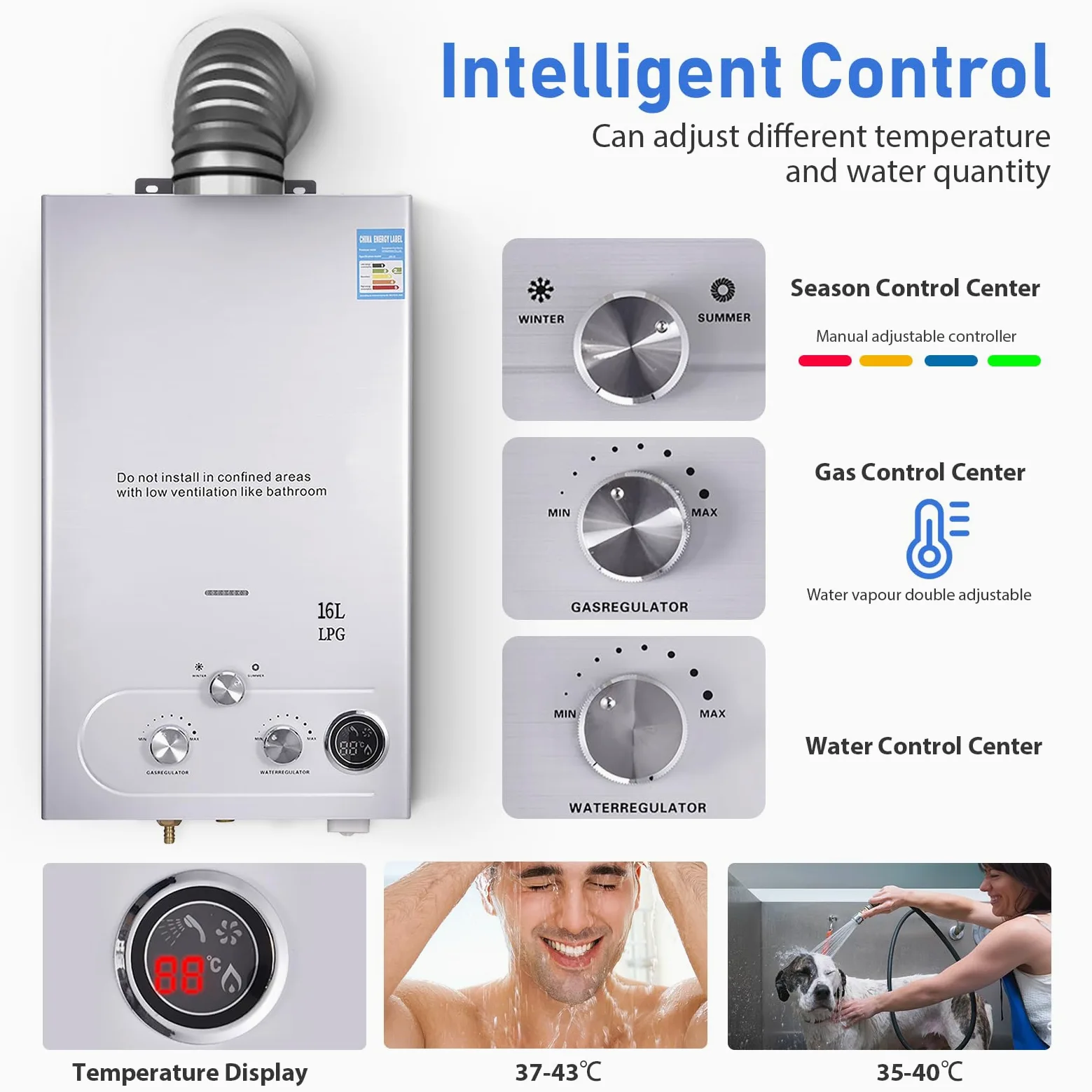 GPL 16L Scaldabagno a Gas Propano, Scaldabagno Istantaneo Senza Serbatoio da 32KW con Kit Doccia, Bruciatore per Caldaia per Campeggio, Camper, Casa(Argento)